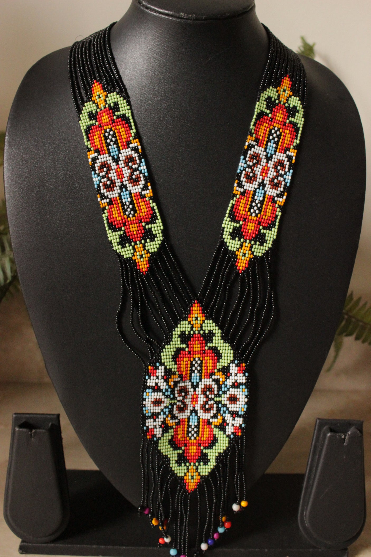 Black and Multi-Color Handmade Beaded Long Necklace Set