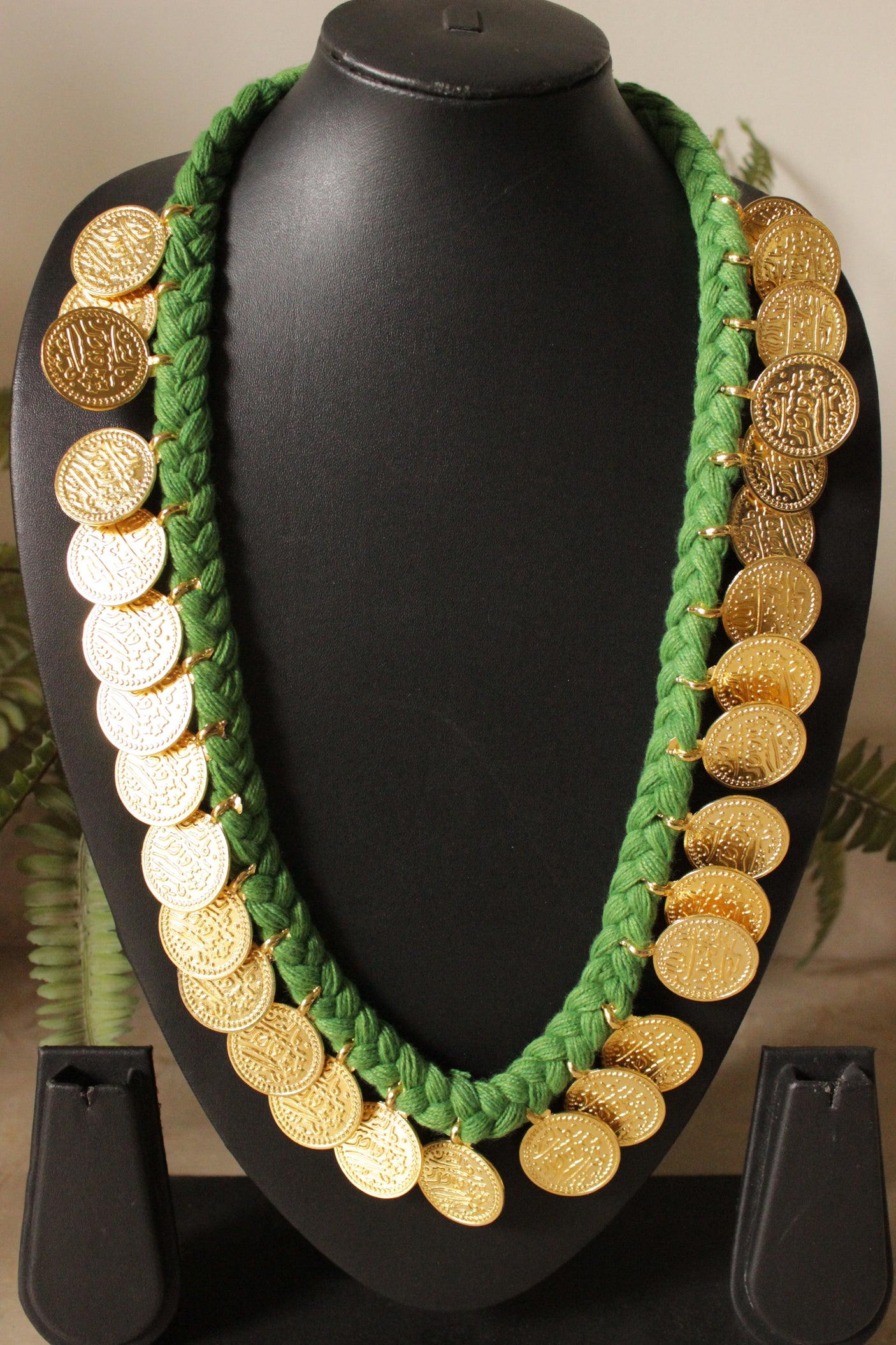 Gold Embossed Coins Braided in Green Threads Fabric Necklace