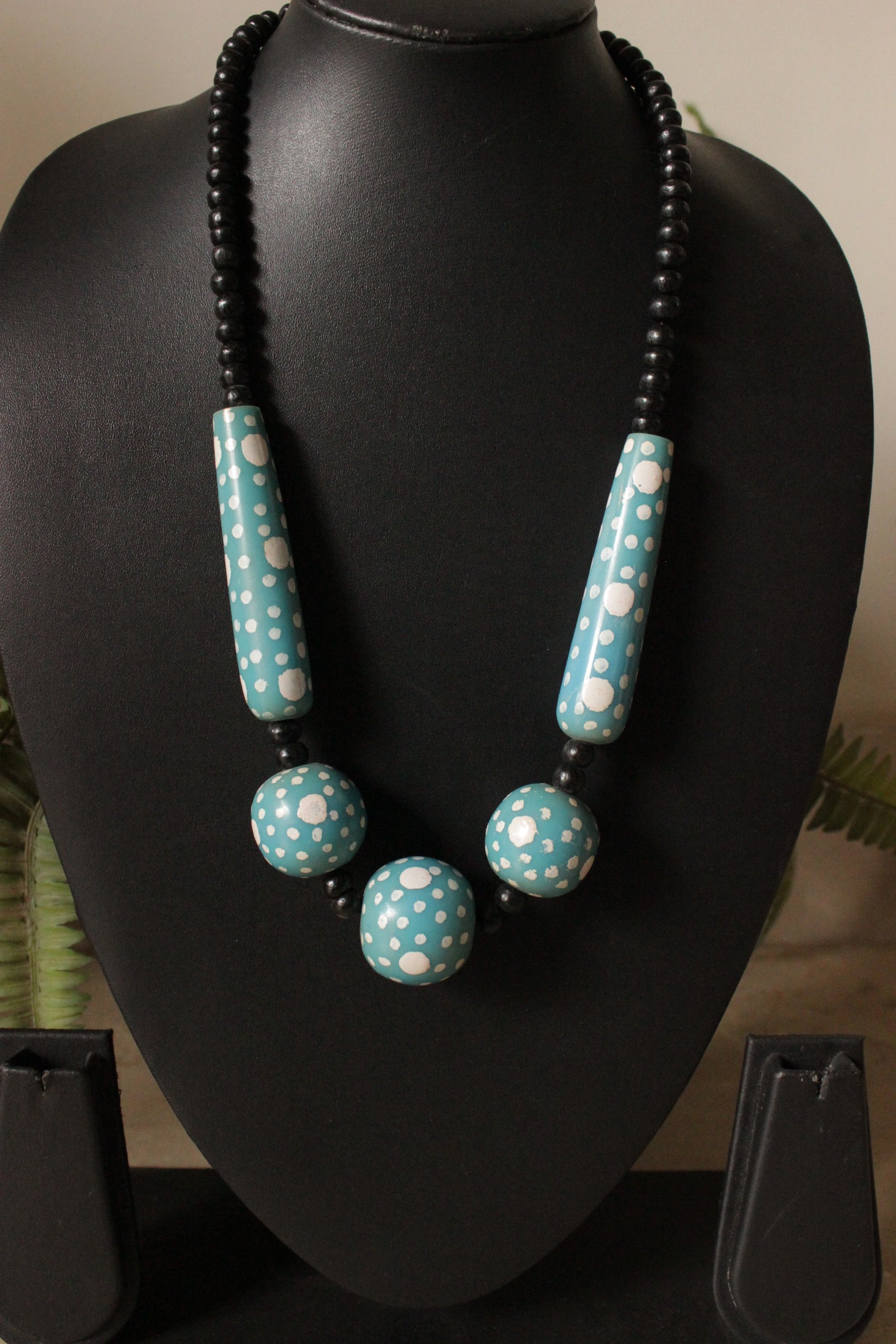 Blue and Black Wooden Beads Hand Painted Necklace