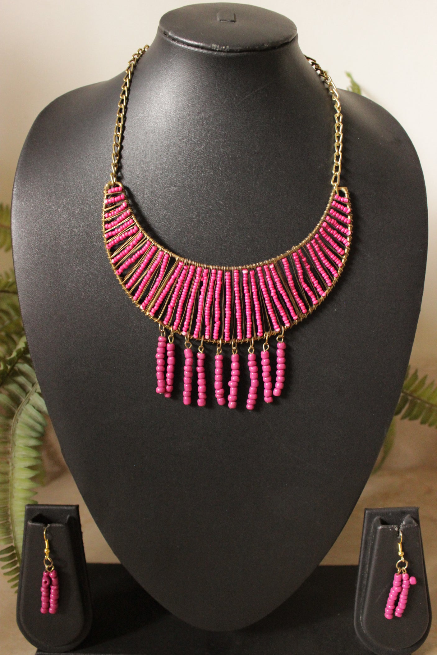 Pink Beads Handmade Gold Toned Adjustable Length Hasli Style Necklace Set