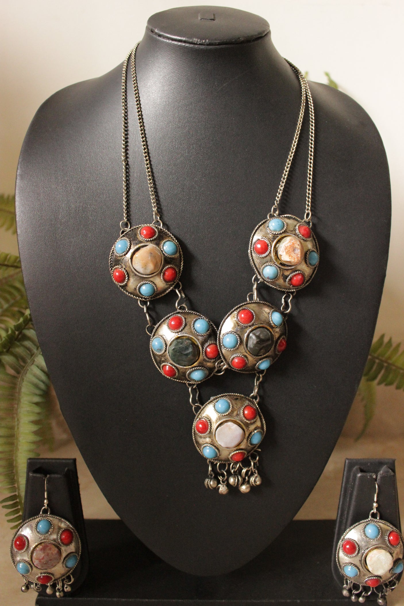 Turquoise and Red Stones Embedded Oxidised Silver Finish Tribal Necklace Set