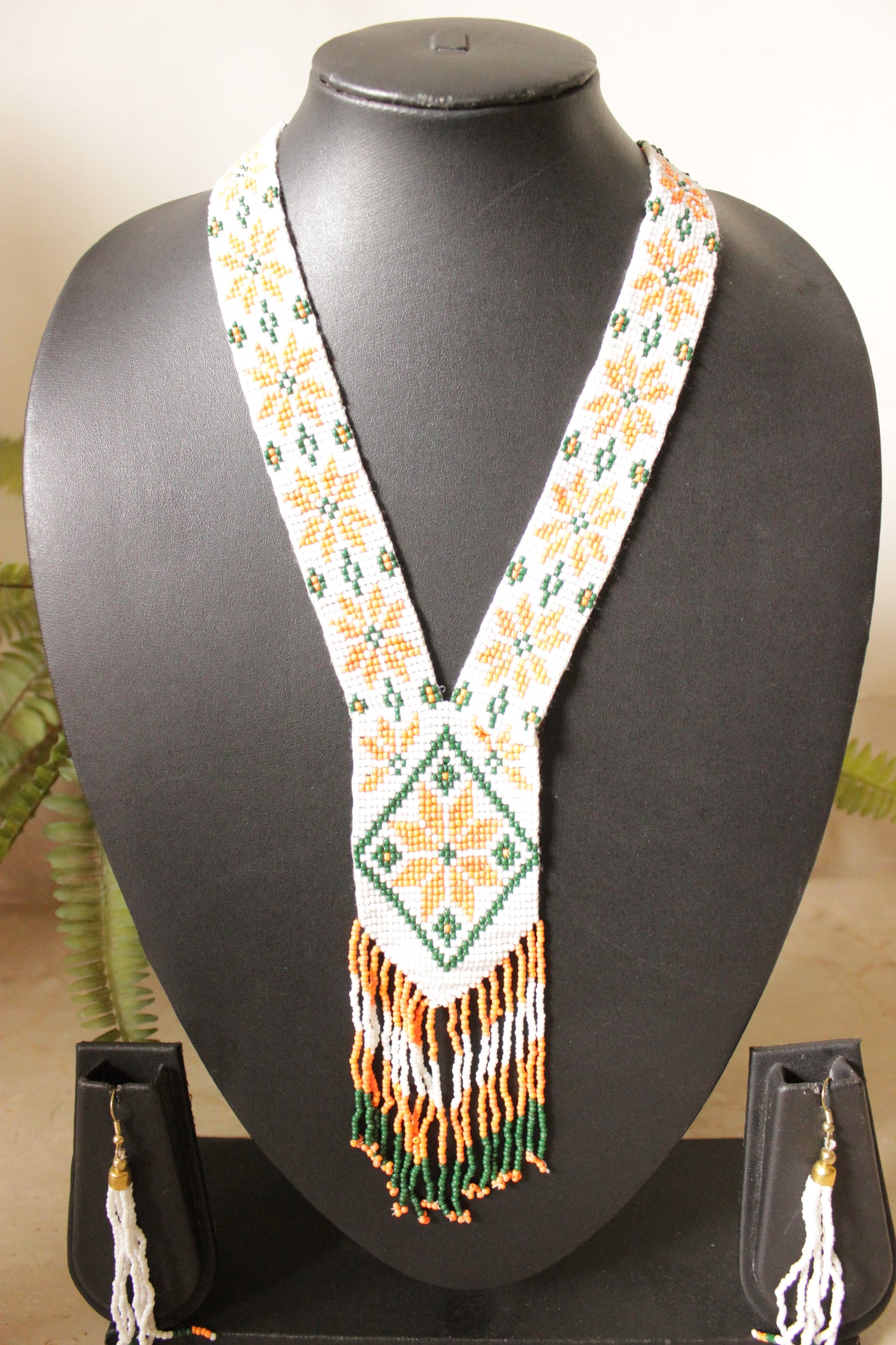 Tri-Color Handmade Long Beaded Necklace Set