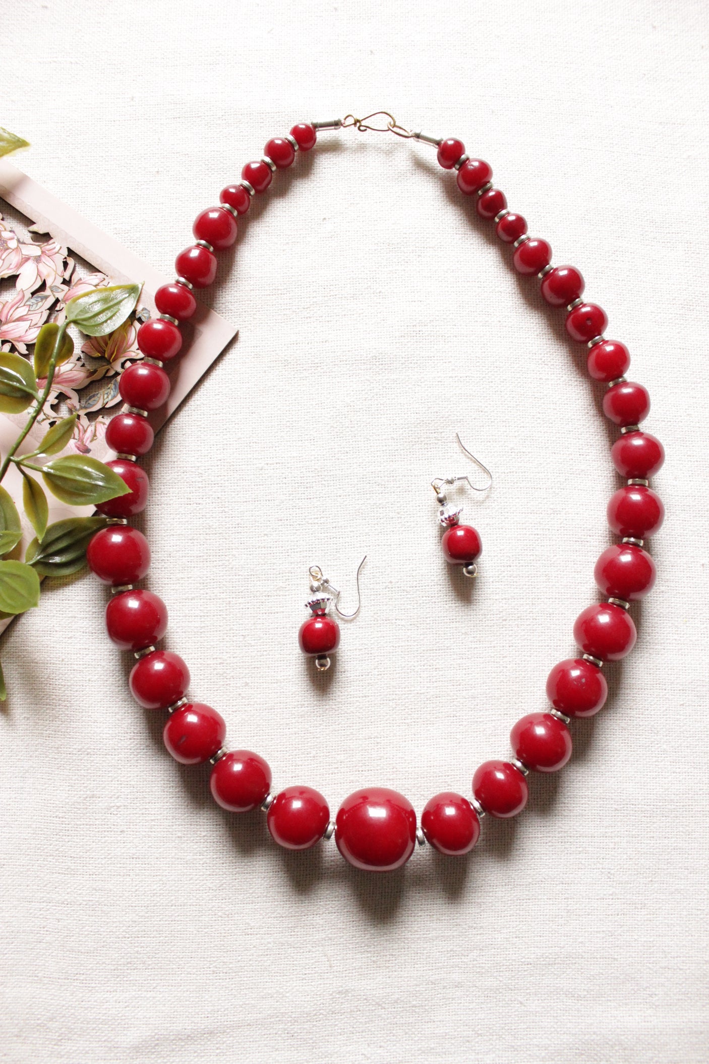 Maroon Acrylic Beads Silver Finish Necklace Set