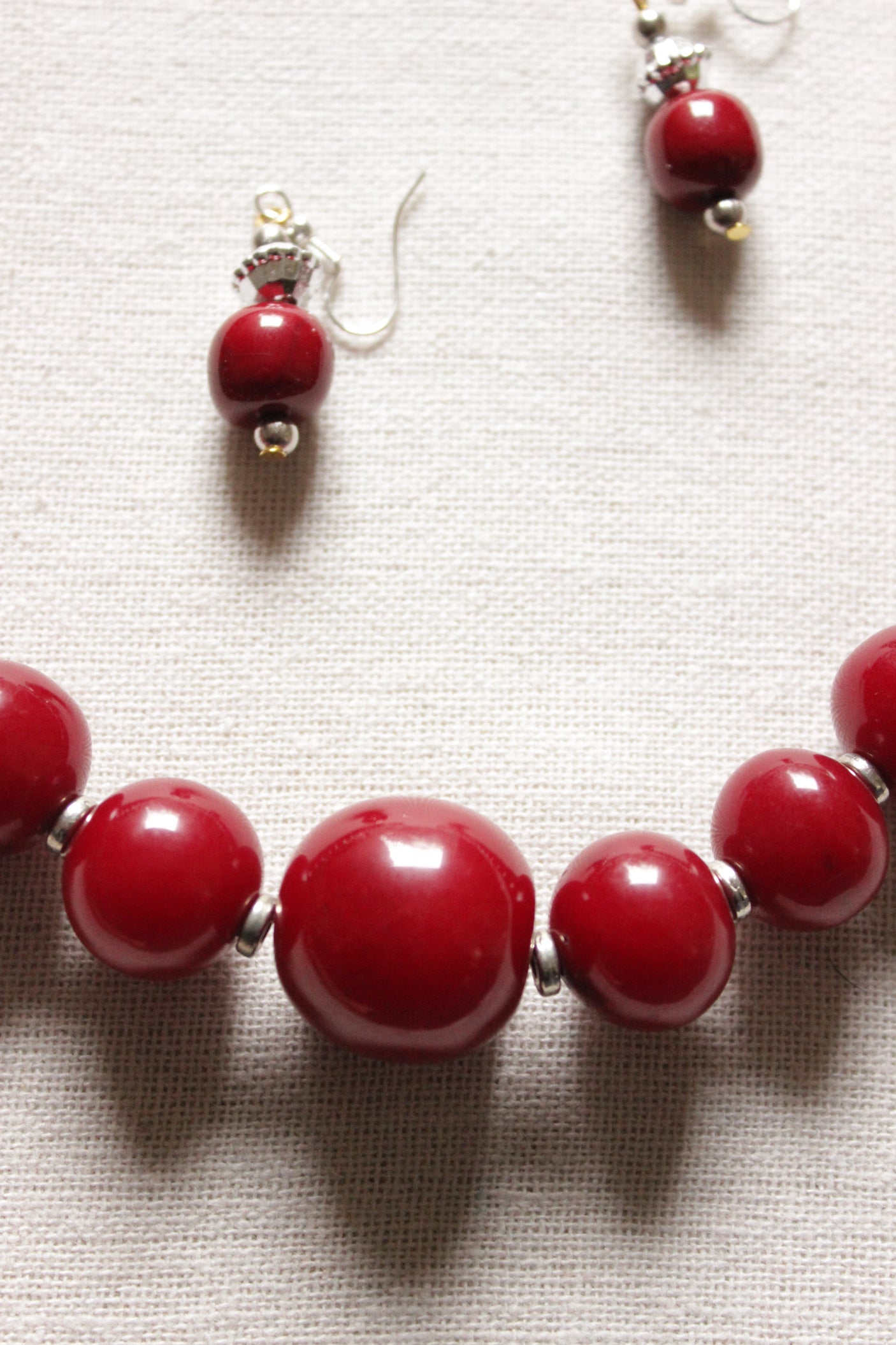 Maroon Acrylic Beads Silver Finish Necklace Set