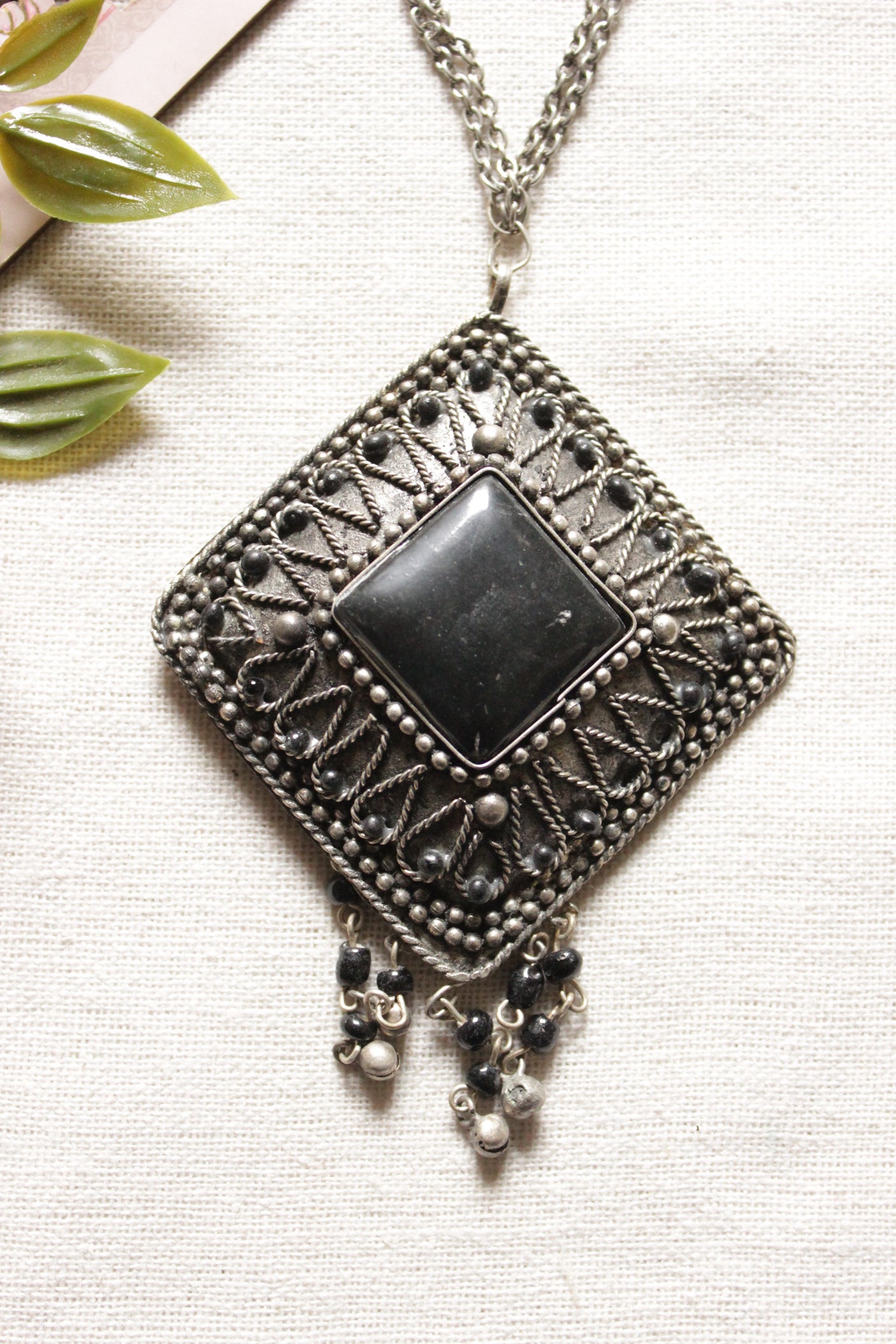 Oxidised Finish Black Center Stone Double Layer Chain Necklace