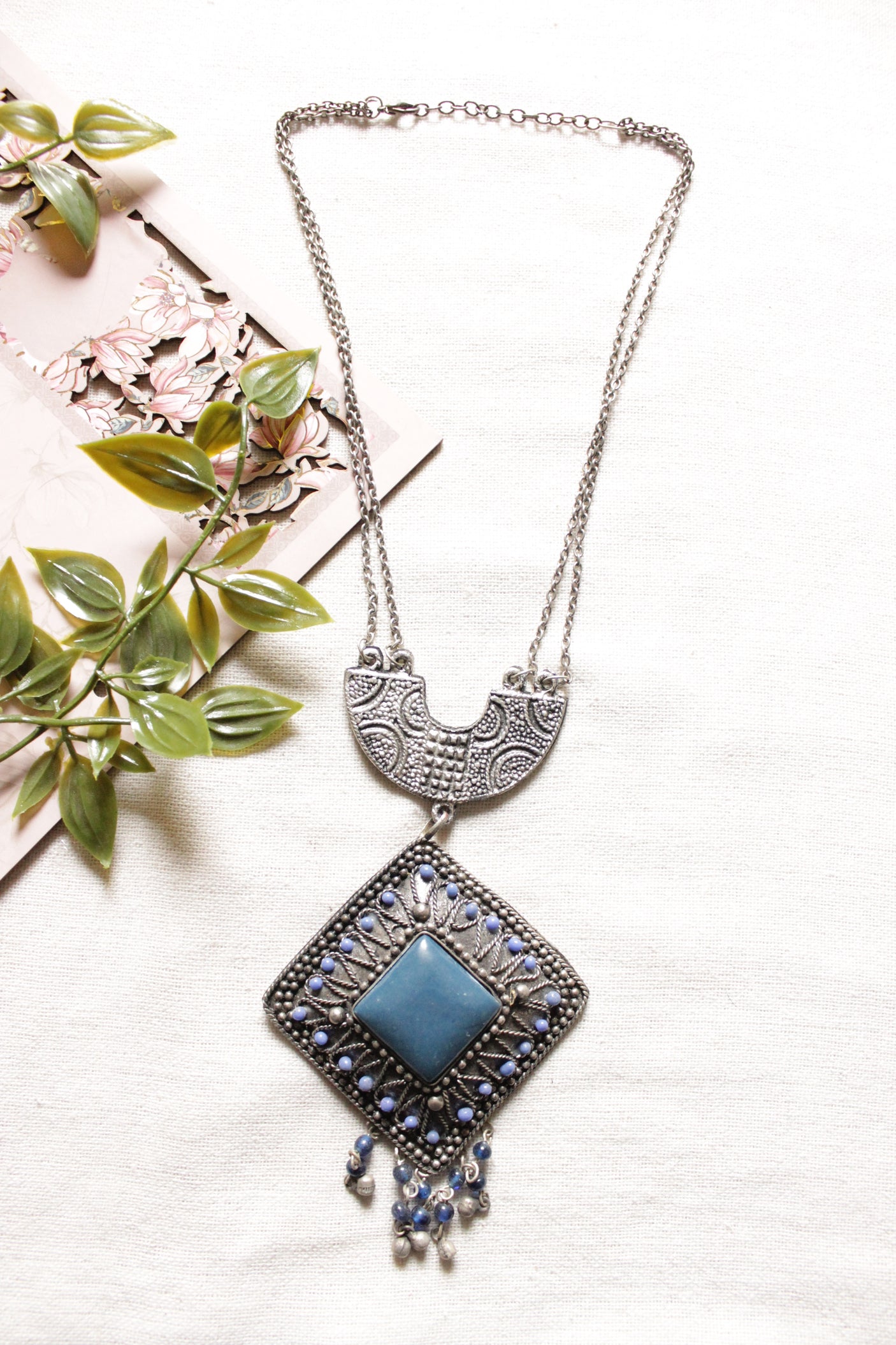 Oxidised Finish Turquoise Center Stone Double Layer Chain Necklace