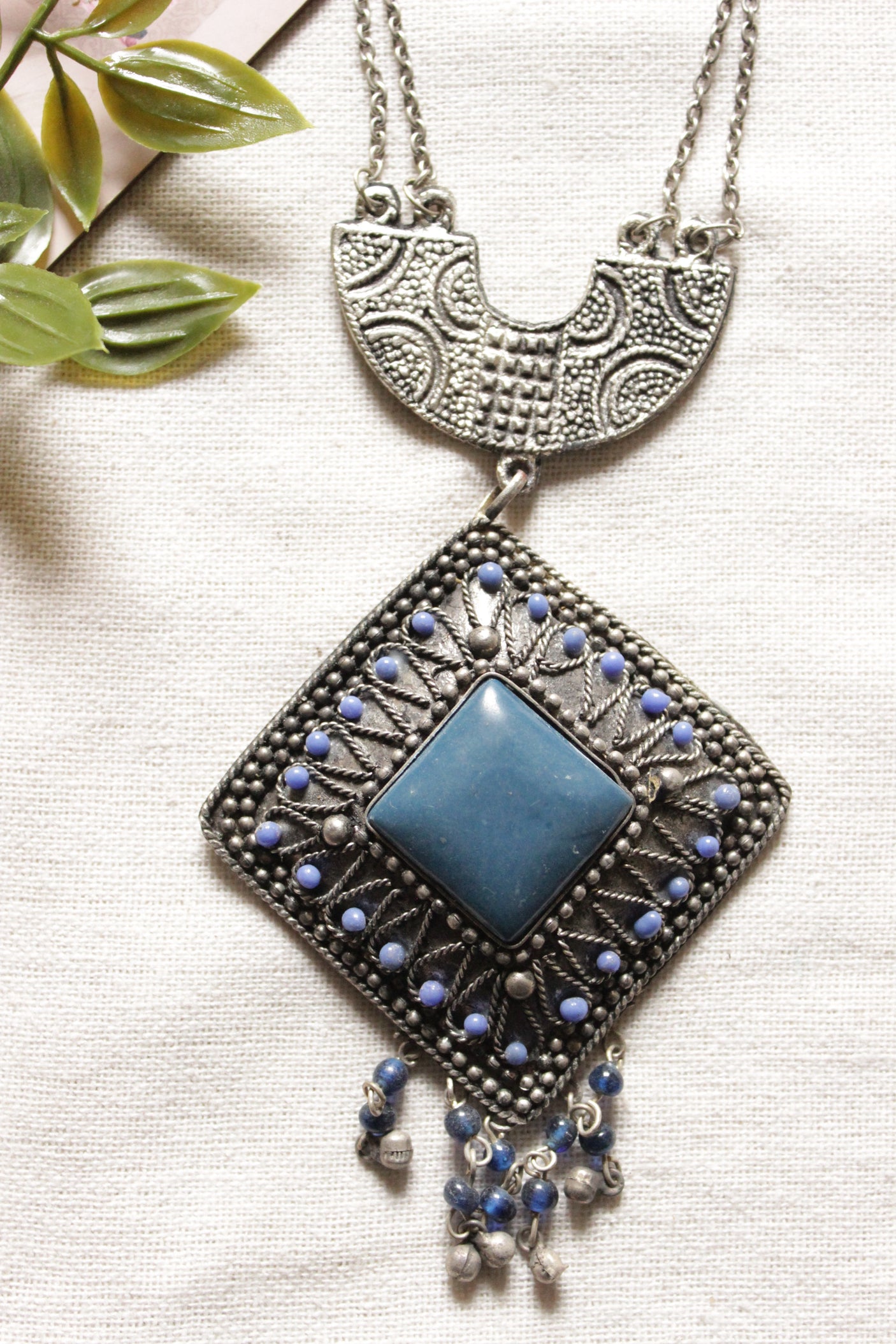 Oxidised Finish Turquoise Center Stone Double Layer Chain Necklace