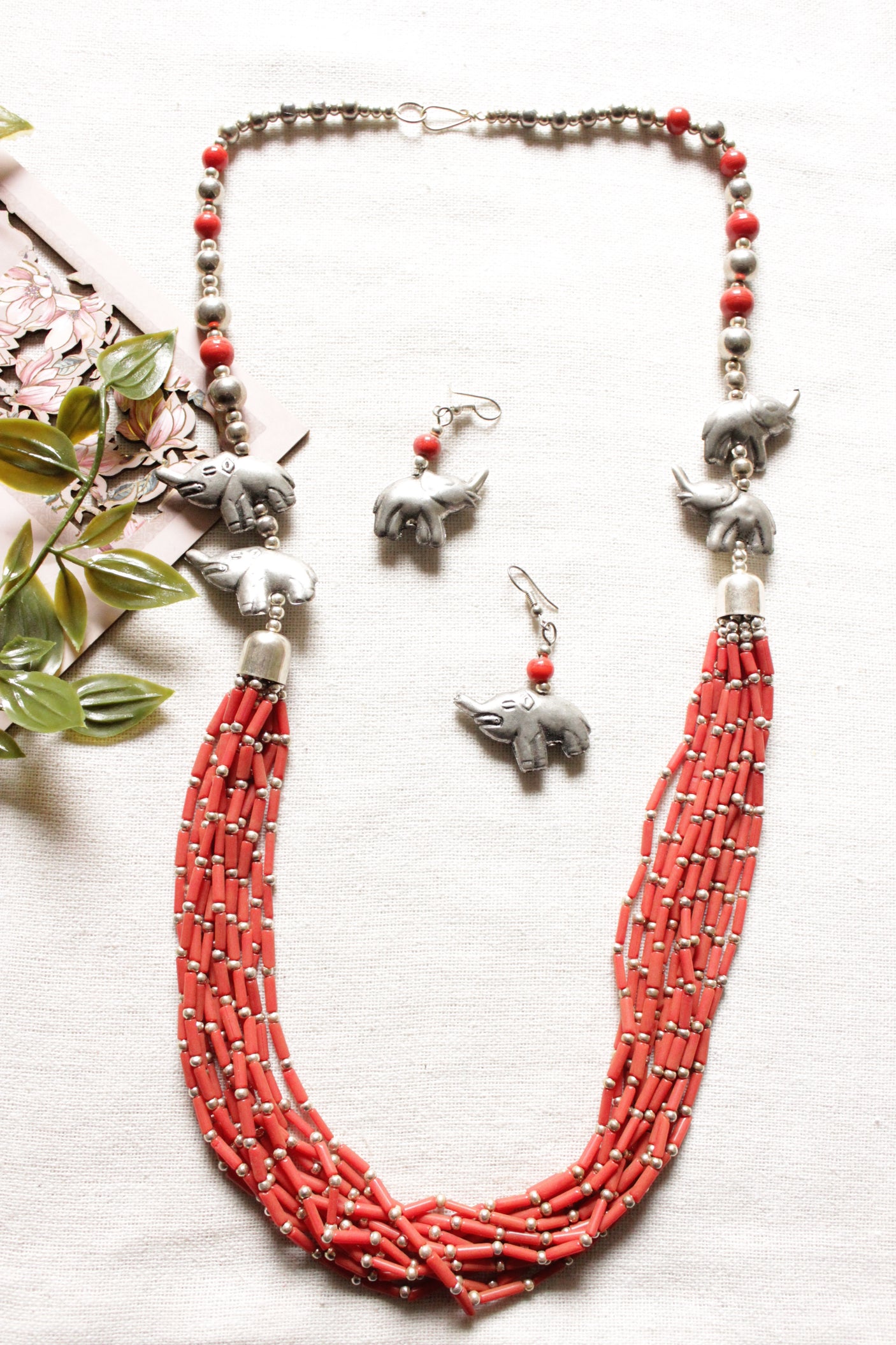 Braided Orange Acrylic Beads Multi-Layer Elephant Motif Silver Finish Necklace Set