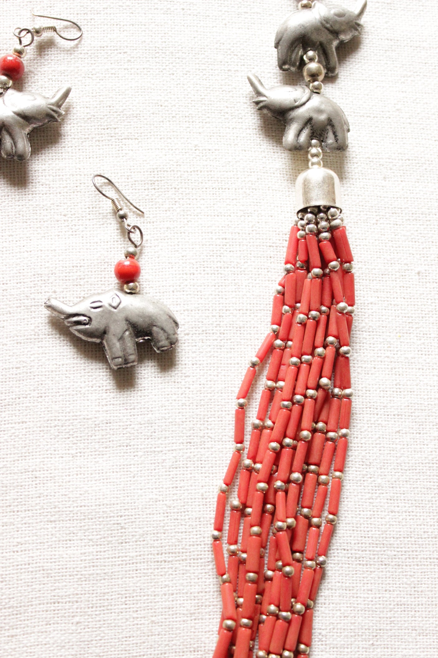 Braided Orange Acrylic Beads Multi-Layer Elephant Motif Silver Finish Necklace Set