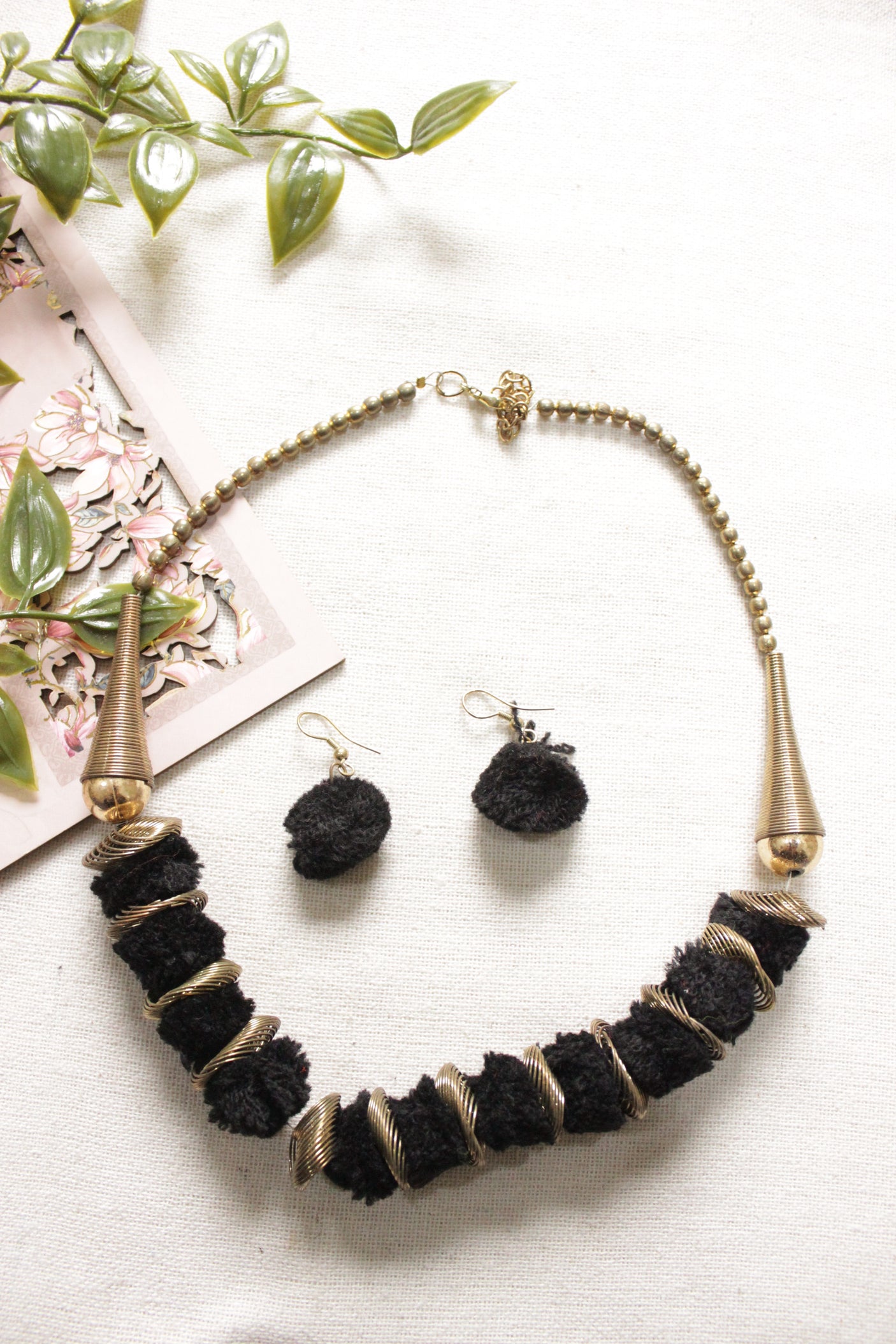 Black Pom Pom Embellished Dull Gold Finish Adjustable Length Choker Necklace Set