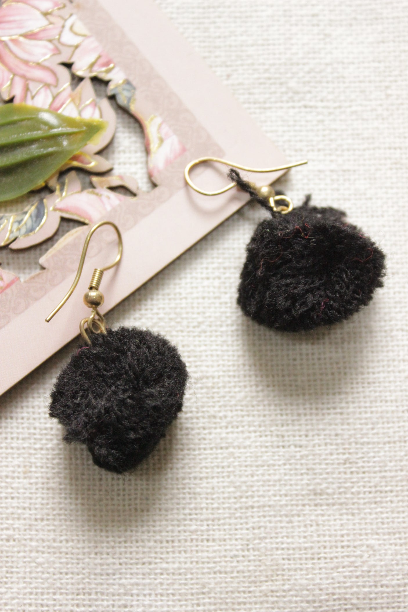 Black Pom Pom Embellished Dull Gold Finish Adjustable Length Choker Necklace Set