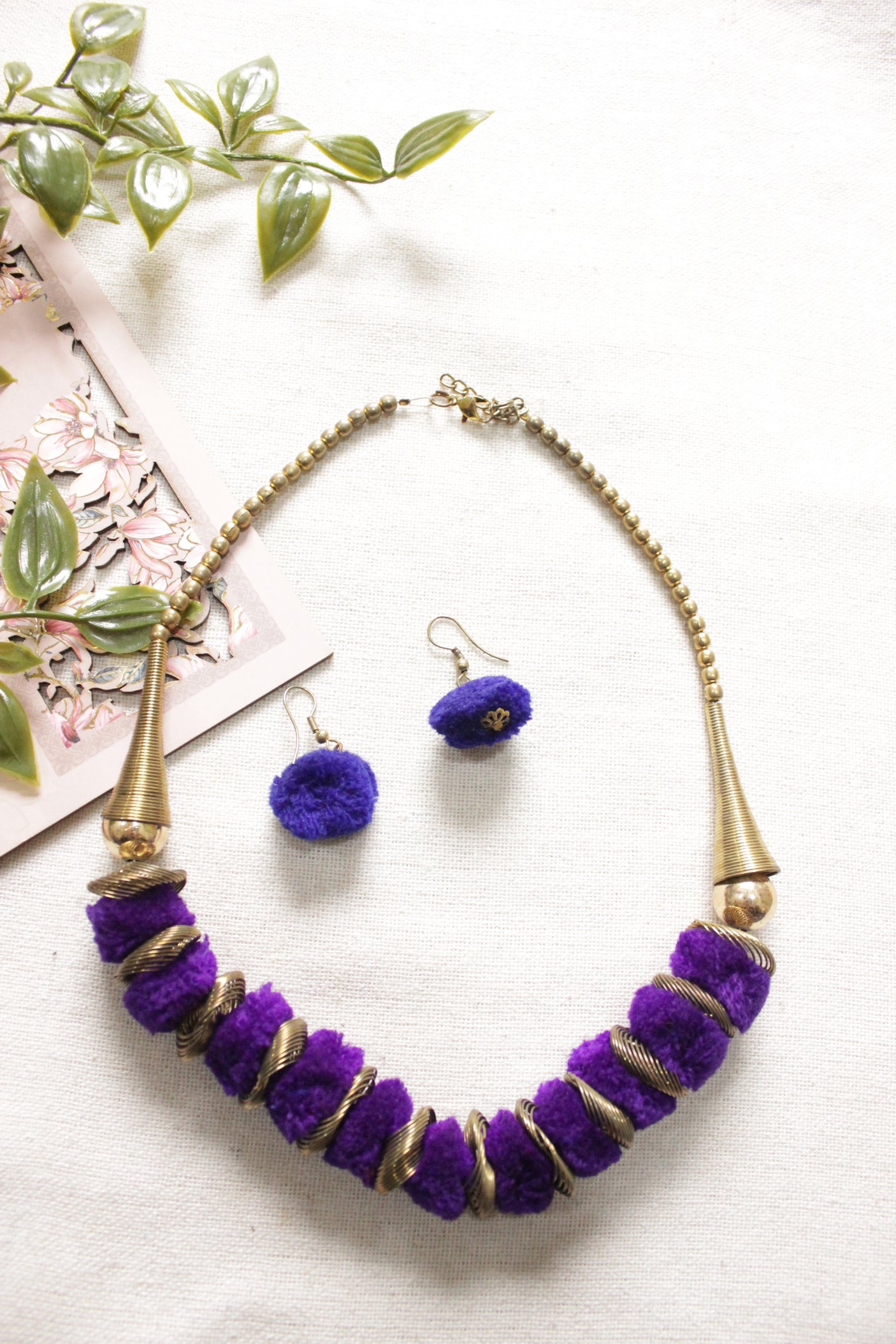 Purple Pom Pom Embellished Dull Gold Finish Adjustable Length Choker Necklace Set
