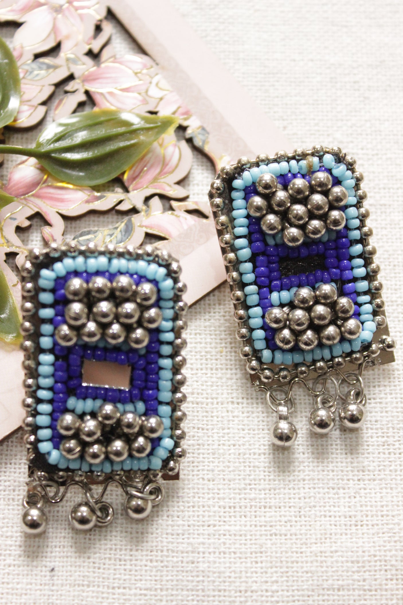 Shades of Blue Beaded Silver Finish Choker Necklace Set Embellished with Metal Ghungroo Beads