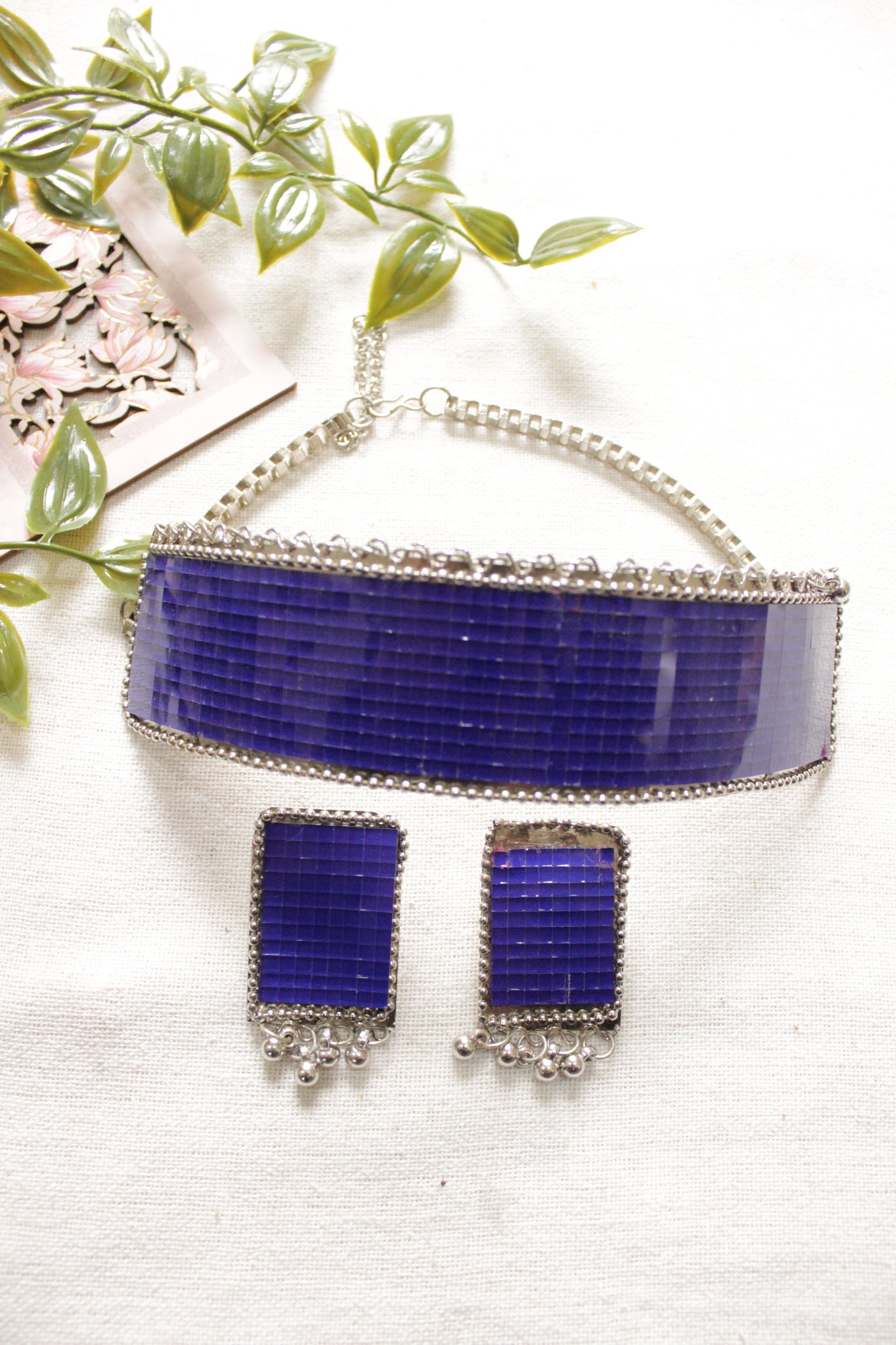 Purple Square Cut Glass Work Silver Finish Choker Necklace Set Embellished with Metal Ghungroo Beads