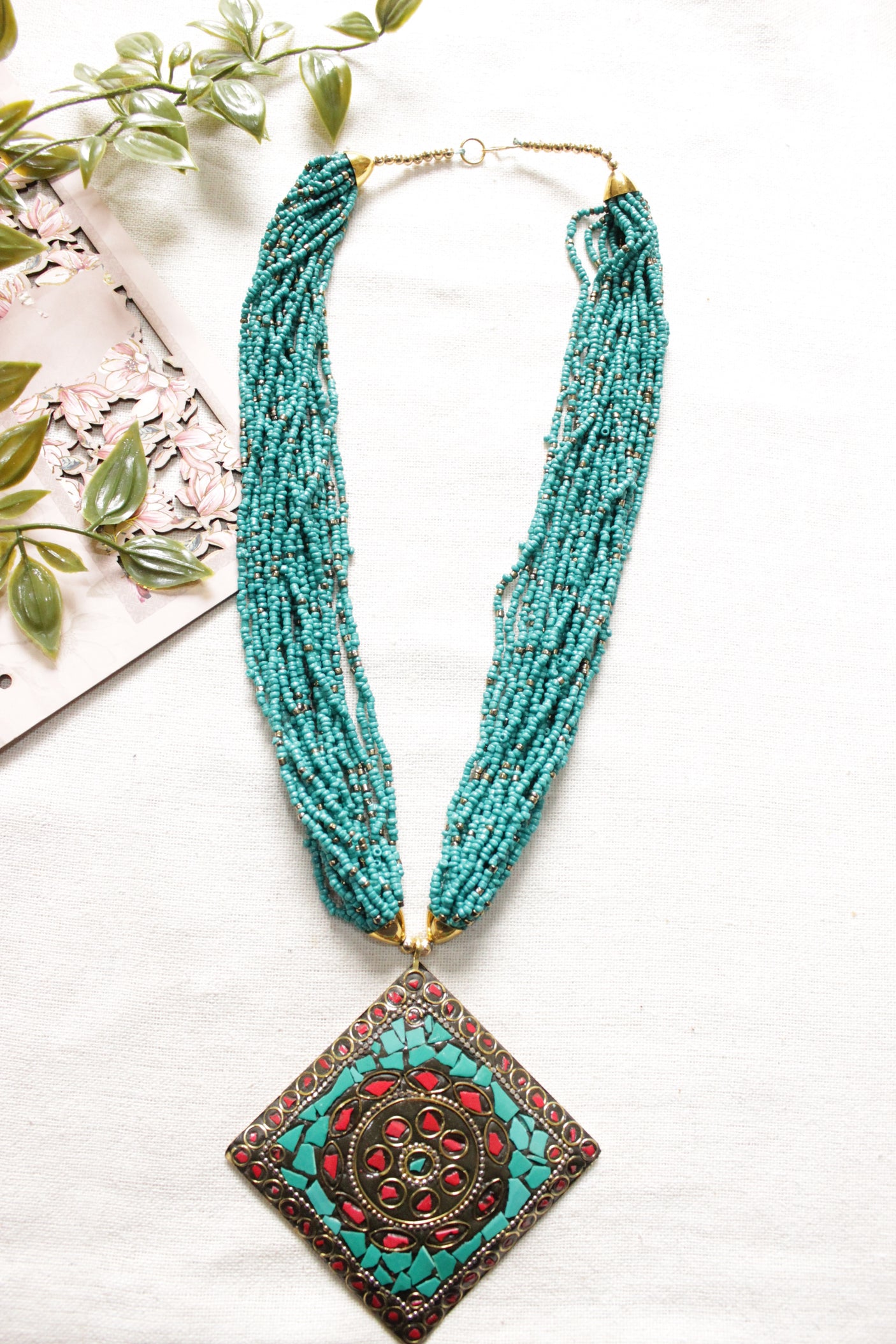 Turquoise Beads Hand Braided Tibetan Pendant Multi-Layer Necklace