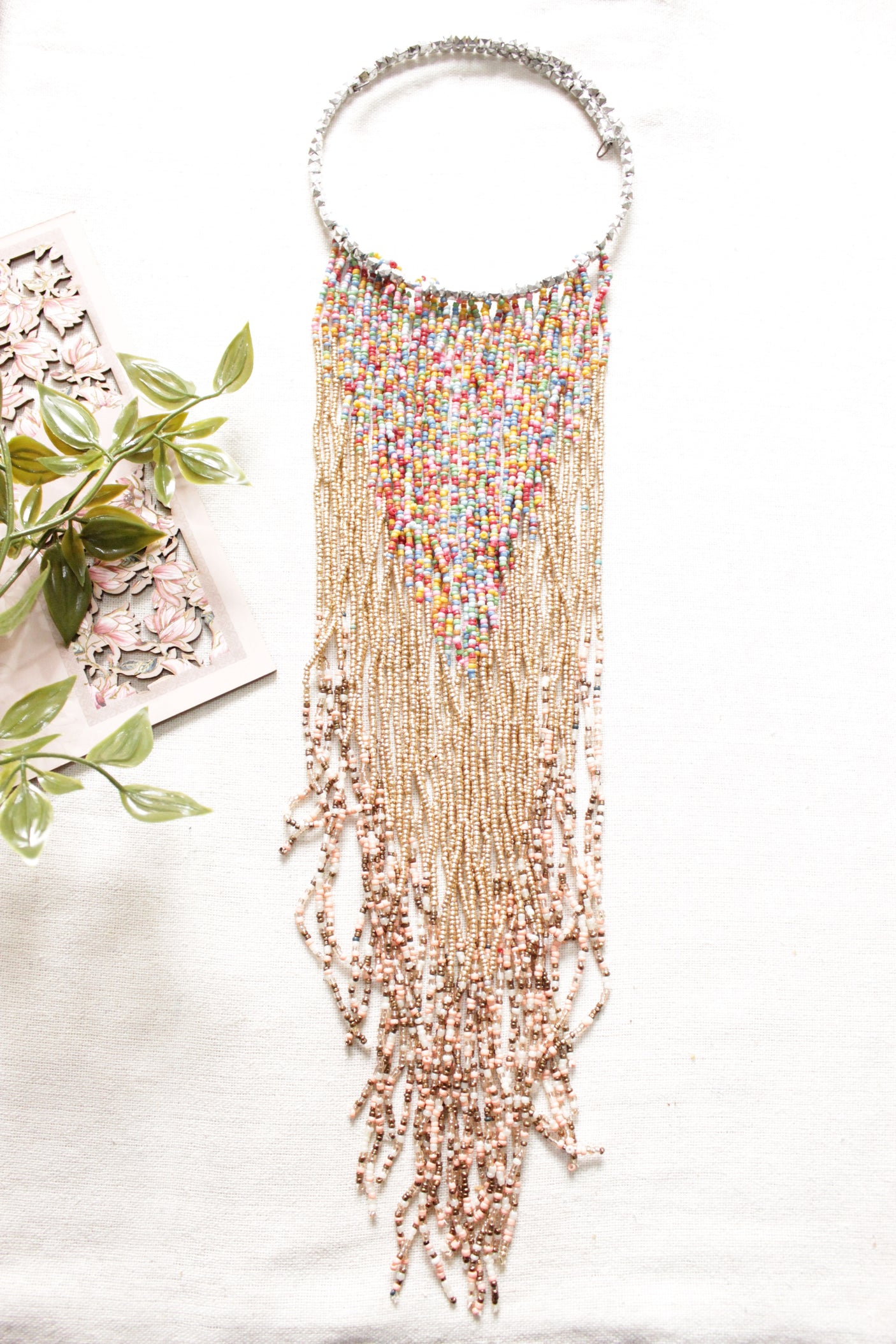 Multi-Color Beads with Gold Tone Hand Braided Long Multi-Layer Choker Necklace