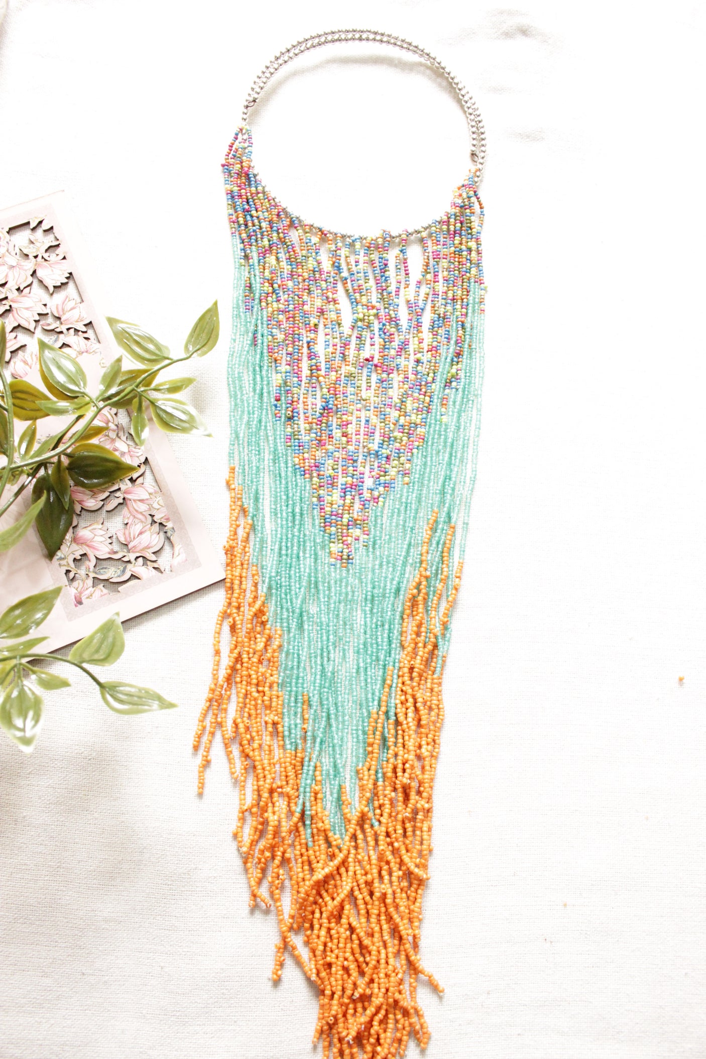 Orange and Blue Beads Hand Braided Long Multi-Layer Choker Necklace