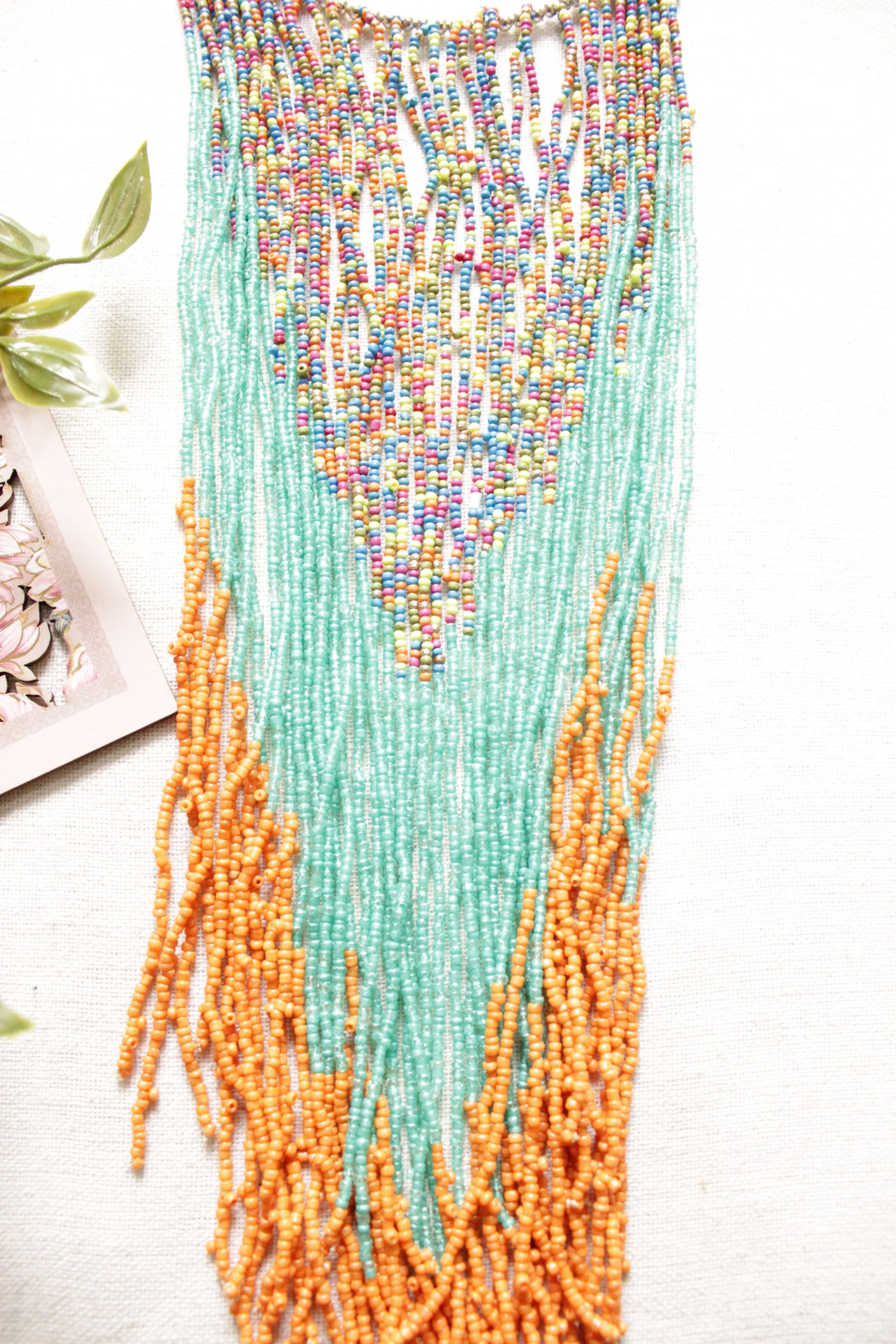 Orange and Blue Beads Hand Braided Long Multi-Layer Choker Necklace