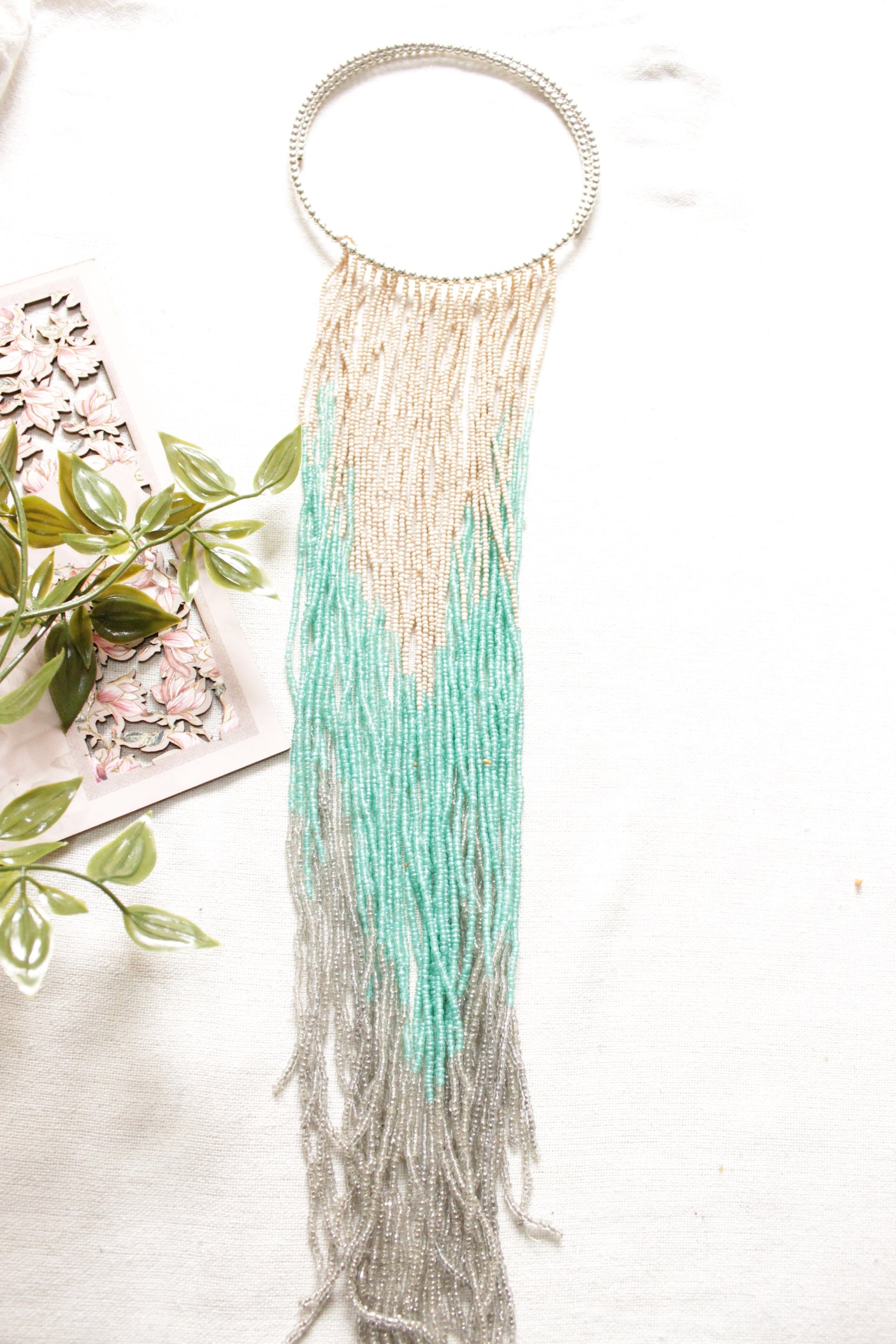 Beige Turquoise and Grey Beads Hand Braided Long Multi-Layer Choker Necklace