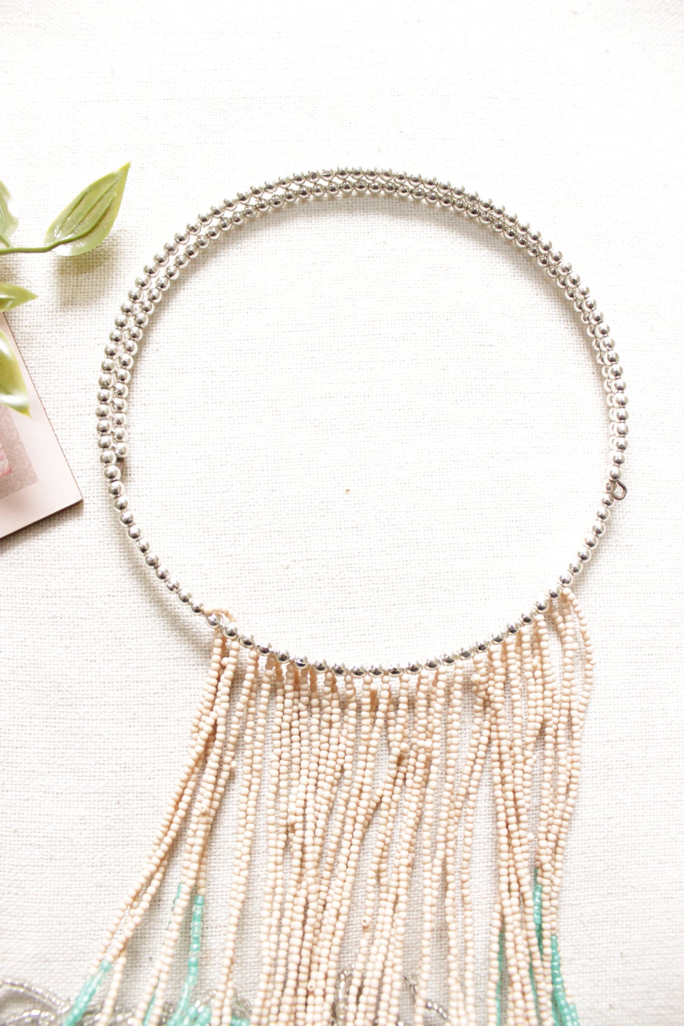 Beige Turquoise and Grey Beads Hand Braided Long Multi-Layer Choker Necklace