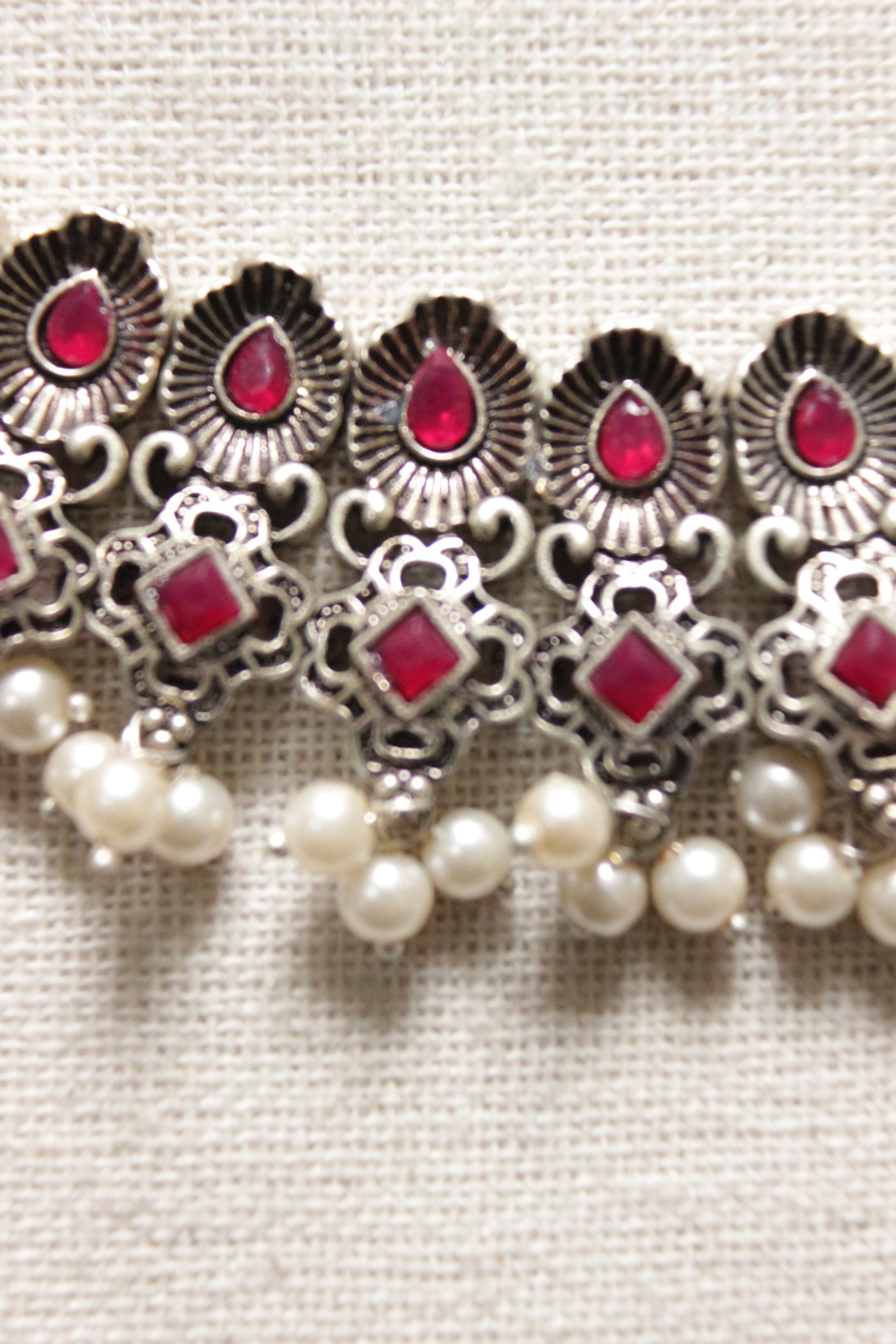 Pink Glass Stones Embedded Silver Finish Choker Style Necklace Set with Flower Jhumka Earrings