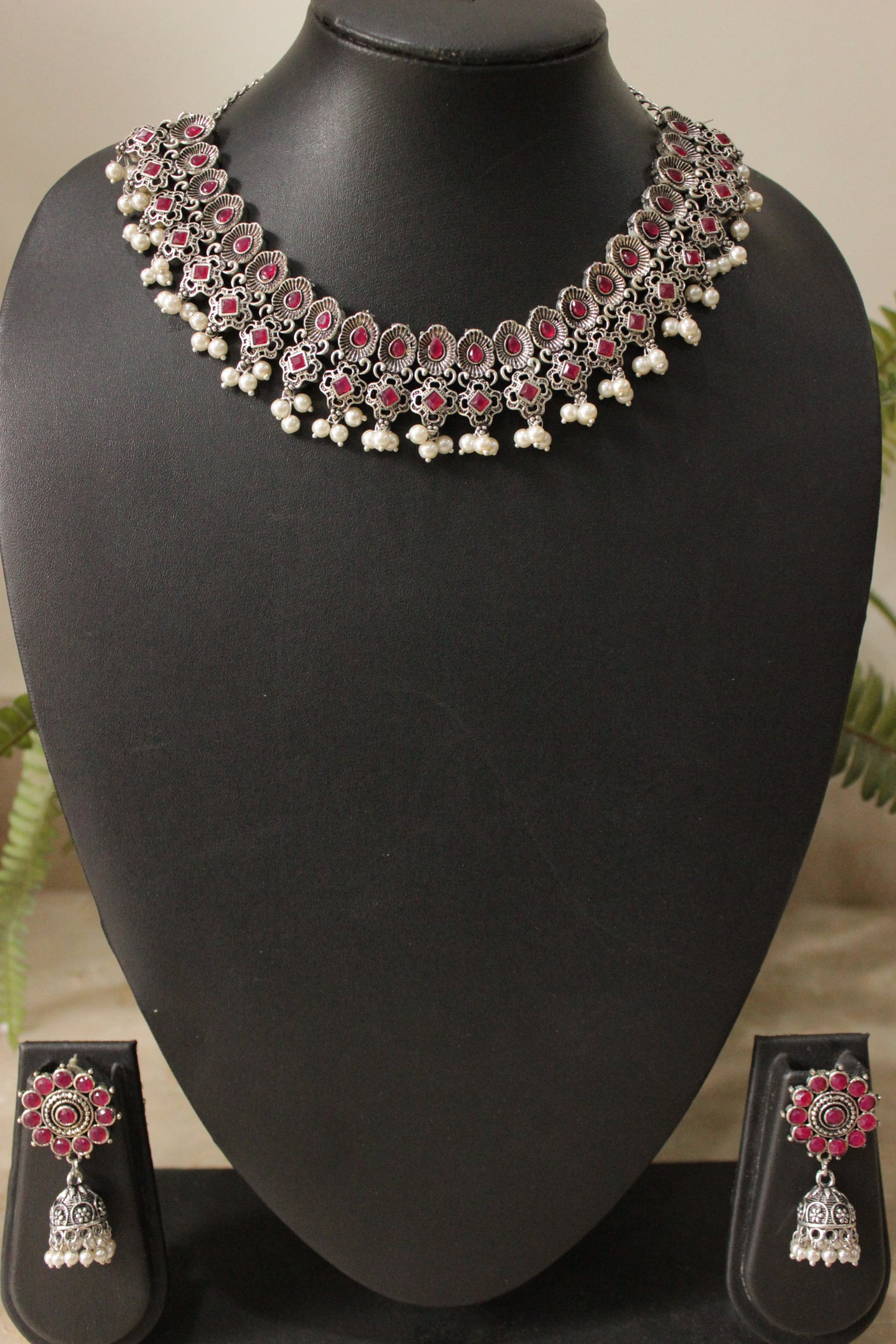 Pink Glass Stones Embedded Silver Finish Choker Style Necklace Set with Flower Jhumka Earrings