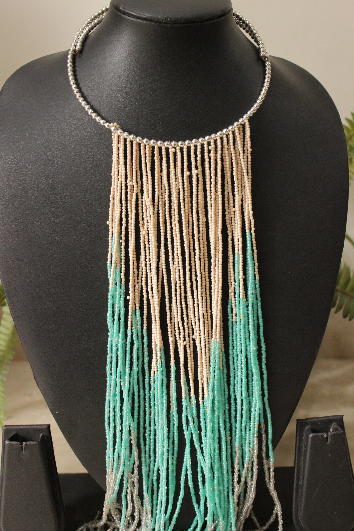 Beige Turquoise and Grey Beads Hand Braided Long Multi-Layer Choker Necklace