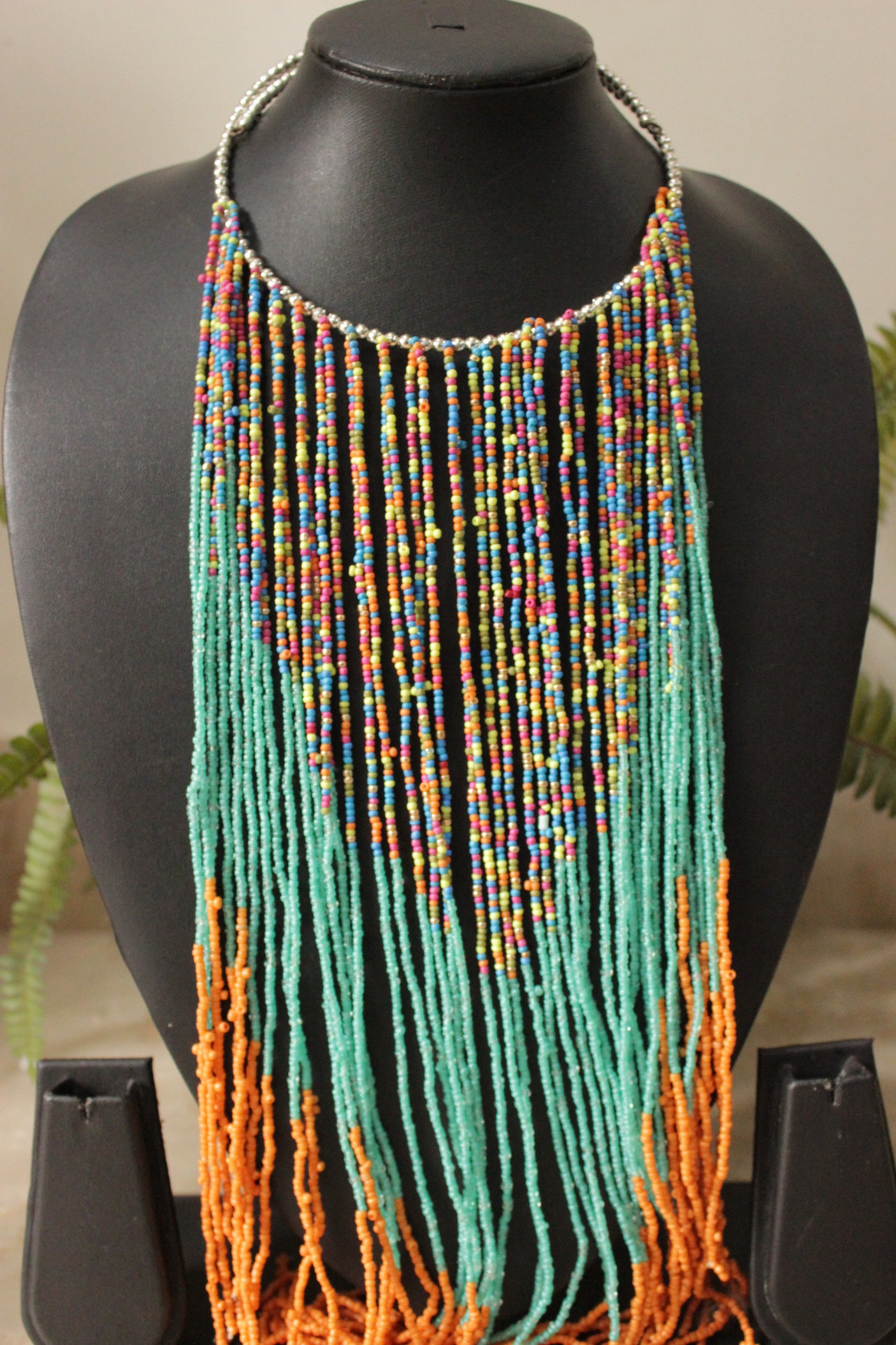 Orange and Blue Beads Hand Braided Long Multi-Layer Choker Necklace