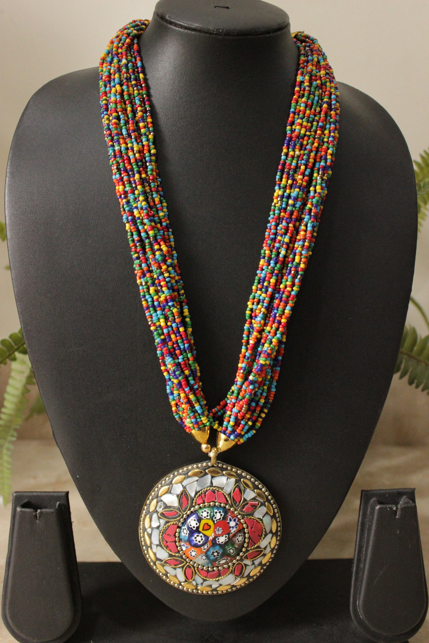 Multi-Color Beads Hand Braided Tibetan Pendant Multi-Layer Necklace