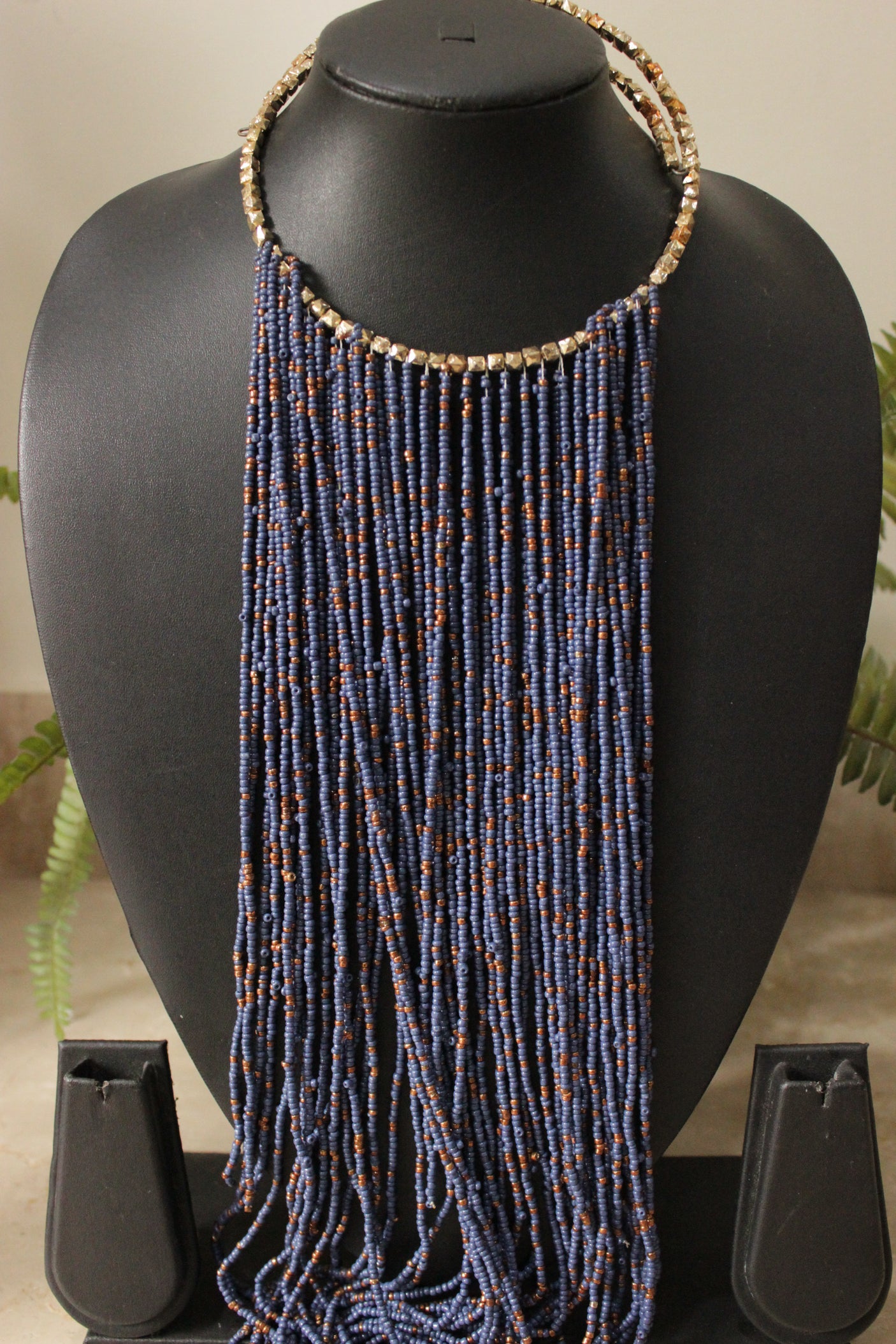 Navy Blue Beads Hand Braided Long Multi-Layer Choker Necklace