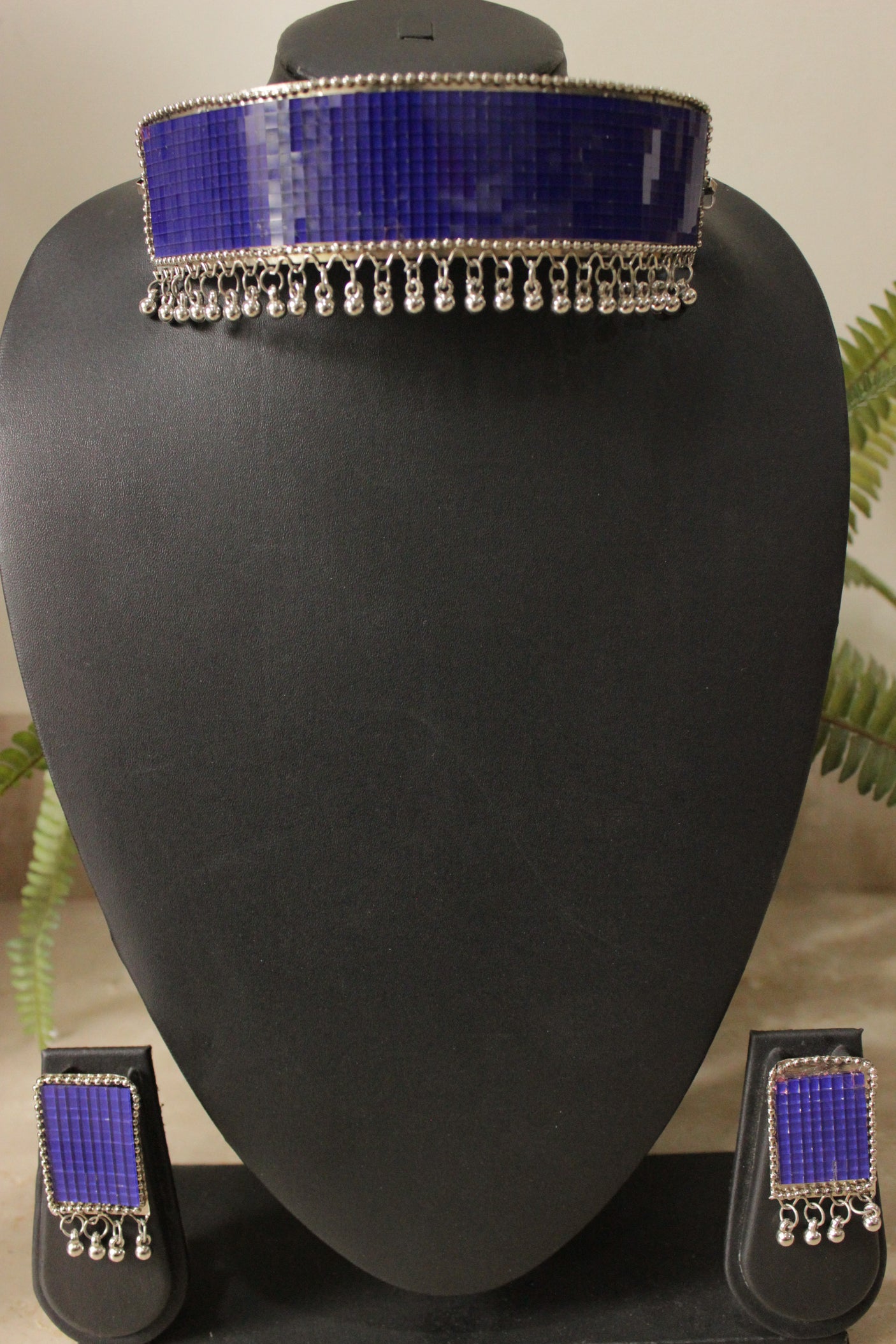 Purple Square Cut Glass Work Silver Finish Choker Necklace Set Embellished with Metal Ghungroo Beads