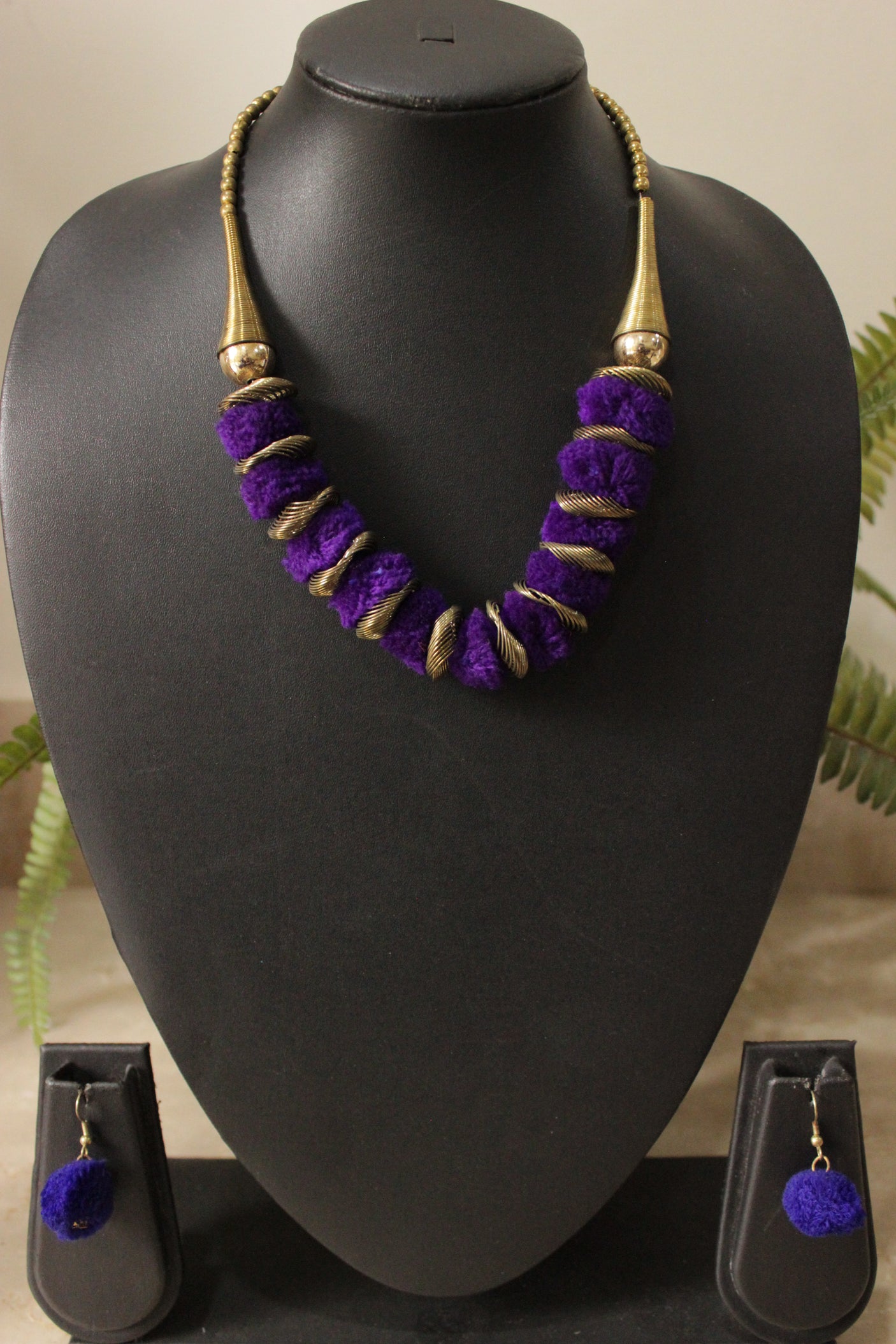 Purple Pom Pom Embellished Dull Gold Finish Adjustable Length Choker Necklace Set