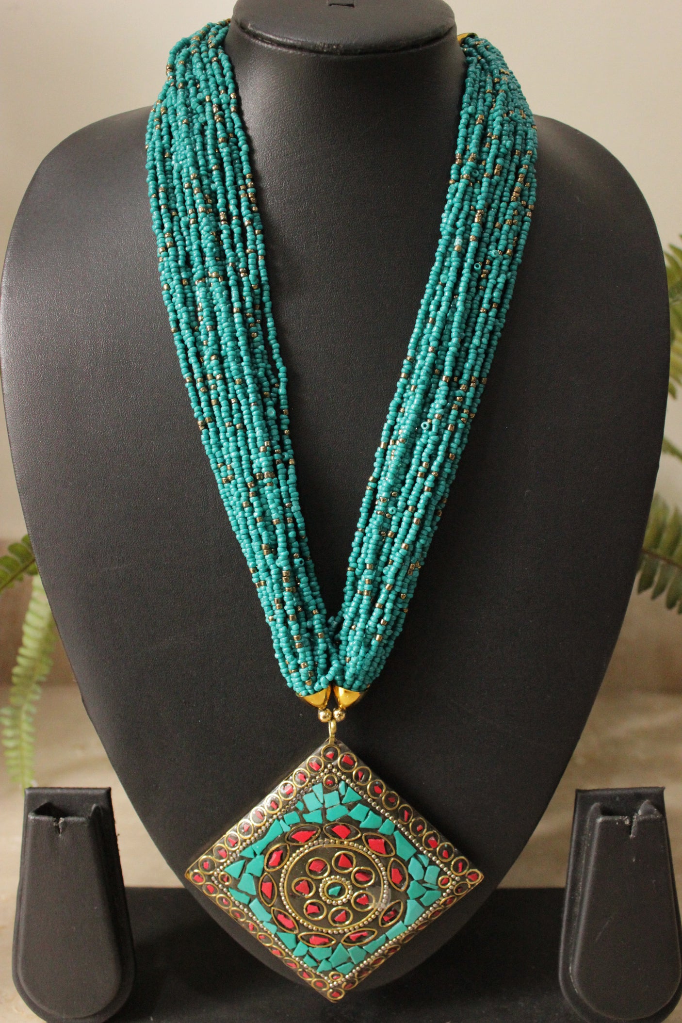 Turquoise Beads Hand Braided Tibetan Pendant Multi-Layer Necklace