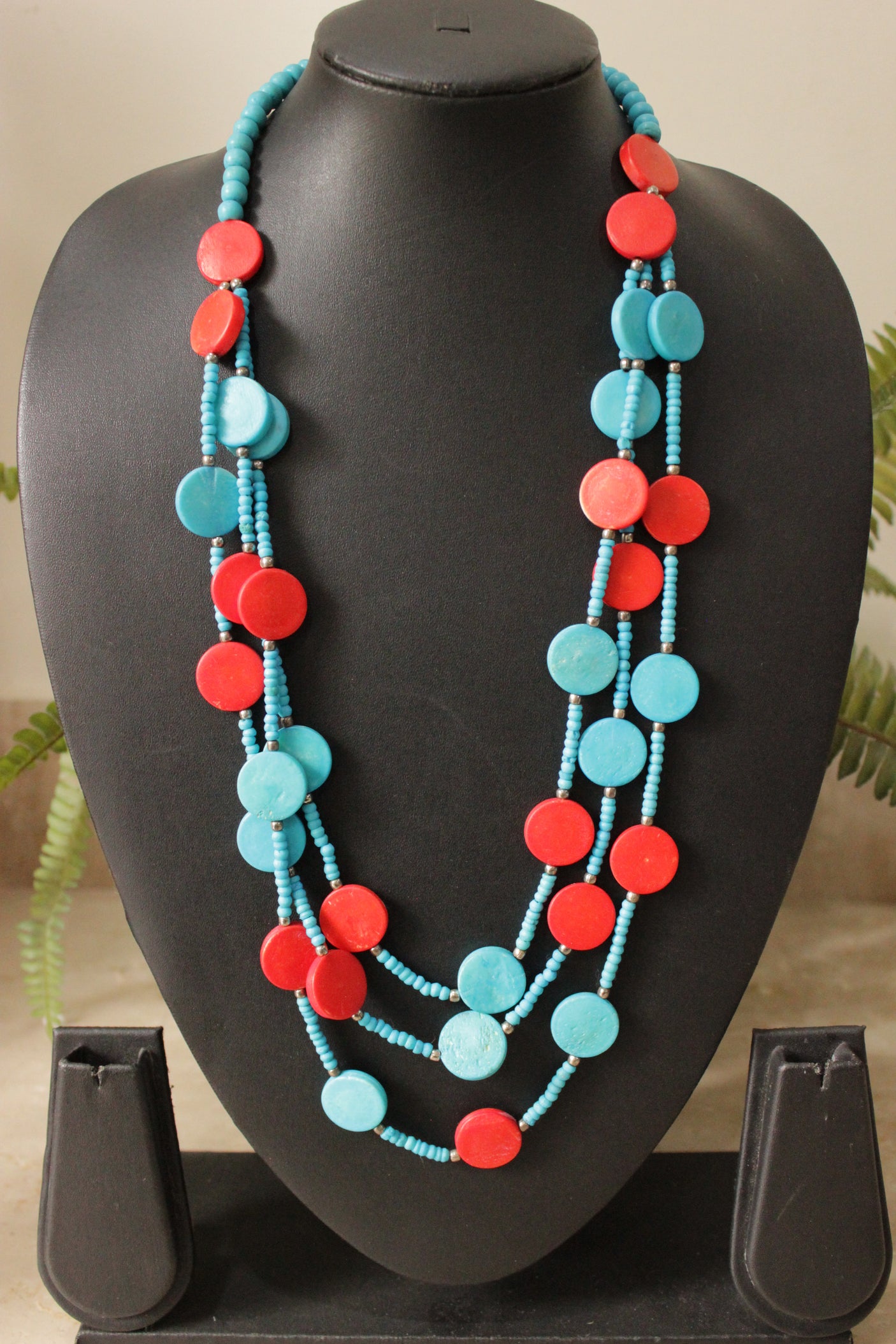 Blue and Red Acrylic Beads 3 Layer Necklace