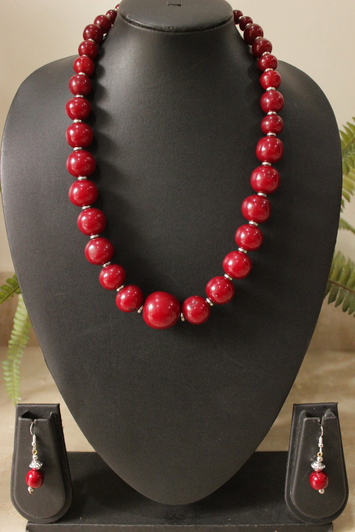 Maroon Acrylic Beads Silver Finish Necklace Set