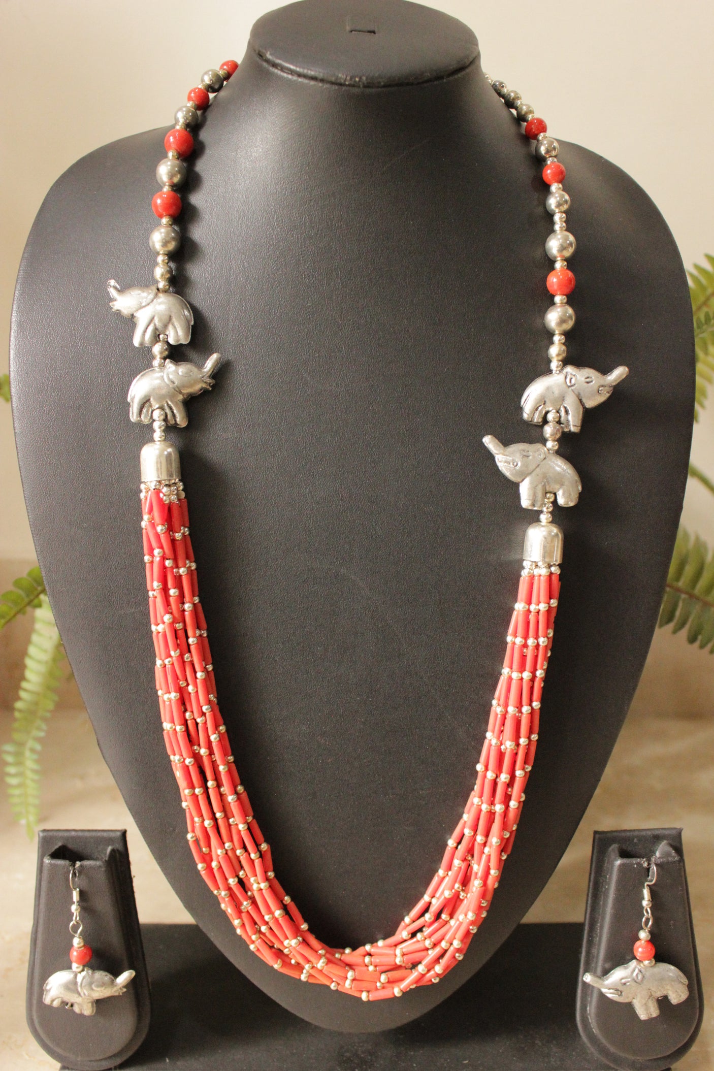 Braided Orange Acrylic Beads Multi-Layer Elephant Motif Silver Finish Necklace Set