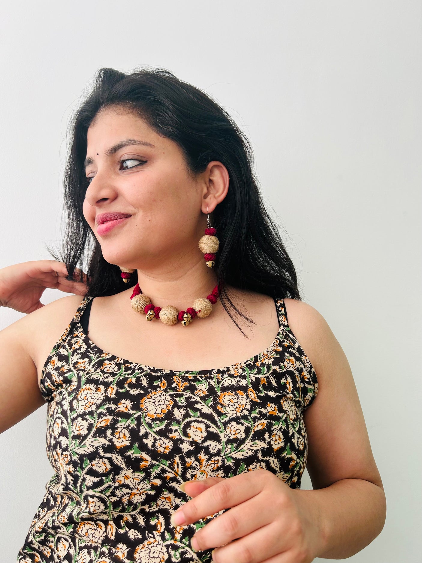 Fabric, Jute and Ghungroos Embellished Handcrafted Necklace Set