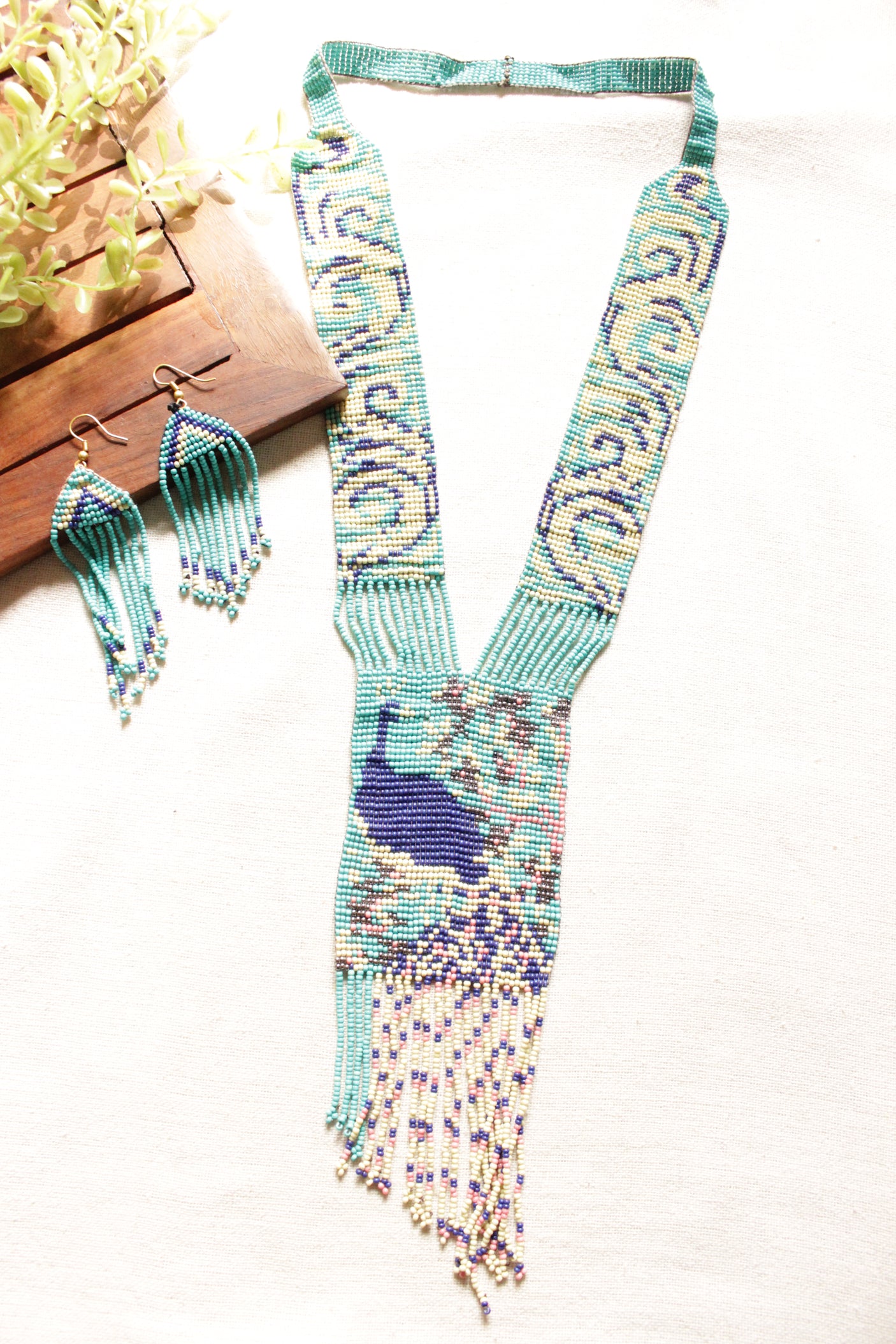 Shades of Blue and Beige Peacock Motif Handmade Beaded Long Necklace Set