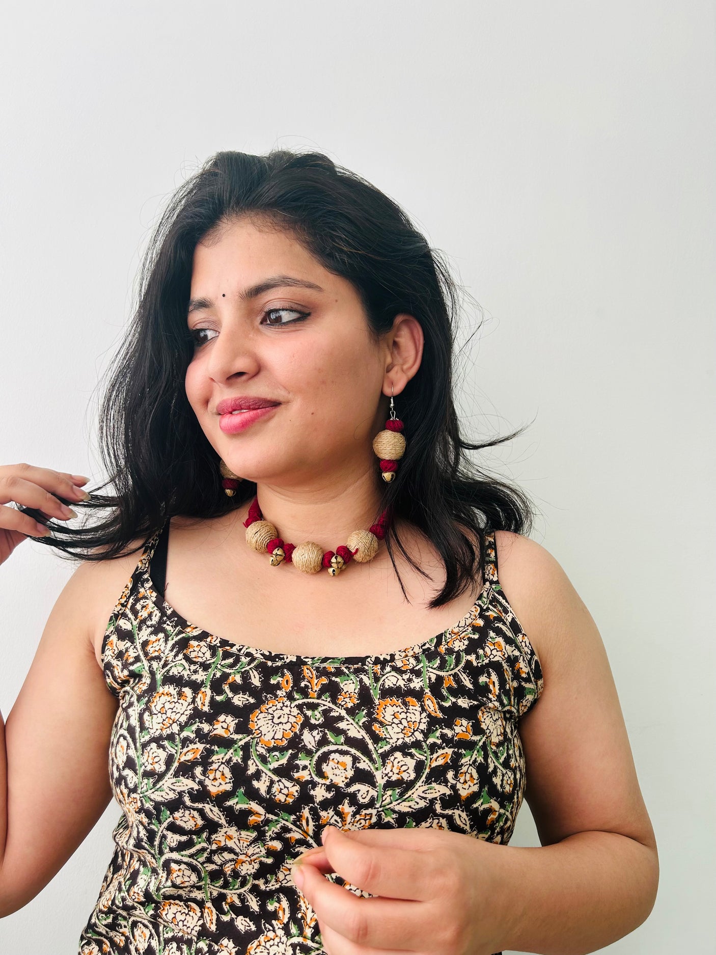 Fabric, Jute and Ghungroos Embellished Handcrafted Necklace Set