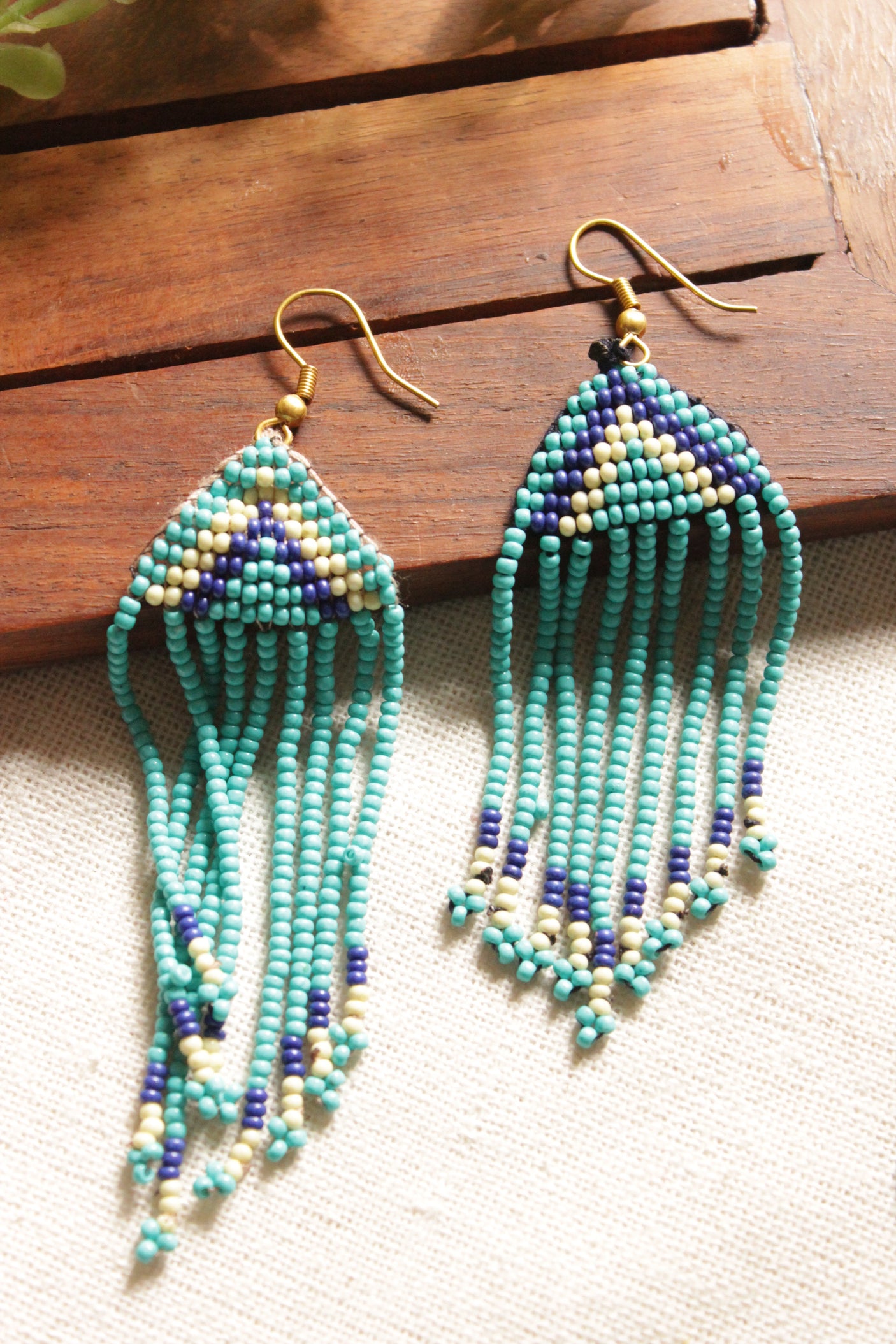 Shades of Blue and Beige Peacock Motif Handmade Beaded Long Necklace Set