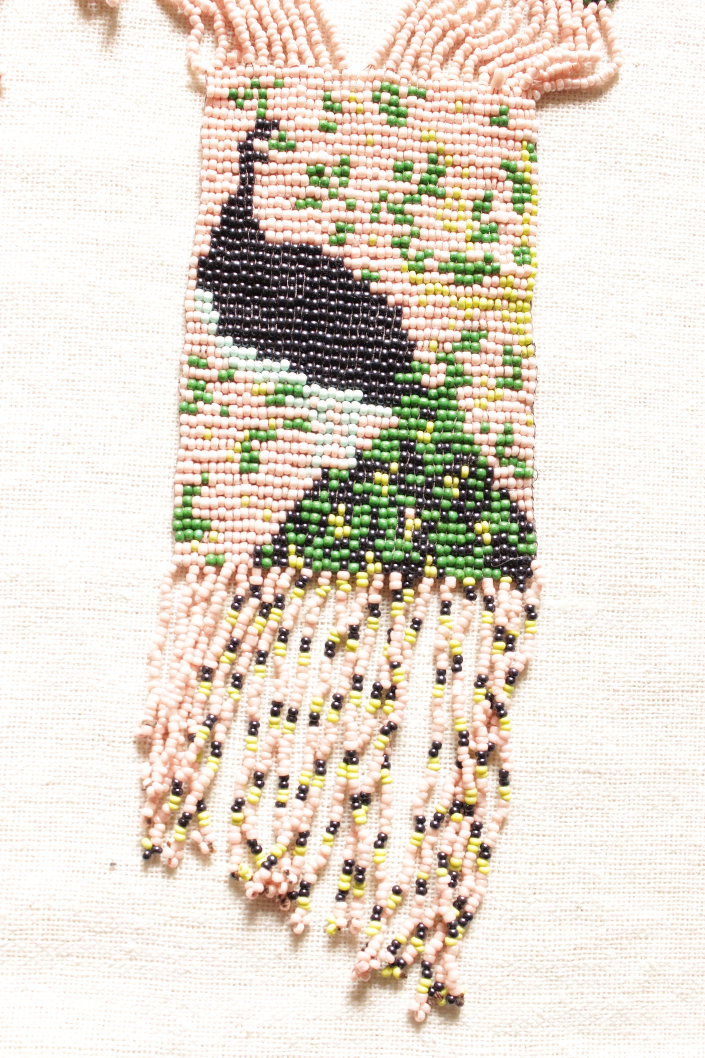 Green and Beige Peacock Motif Handmade Beaded Long Necklace Set