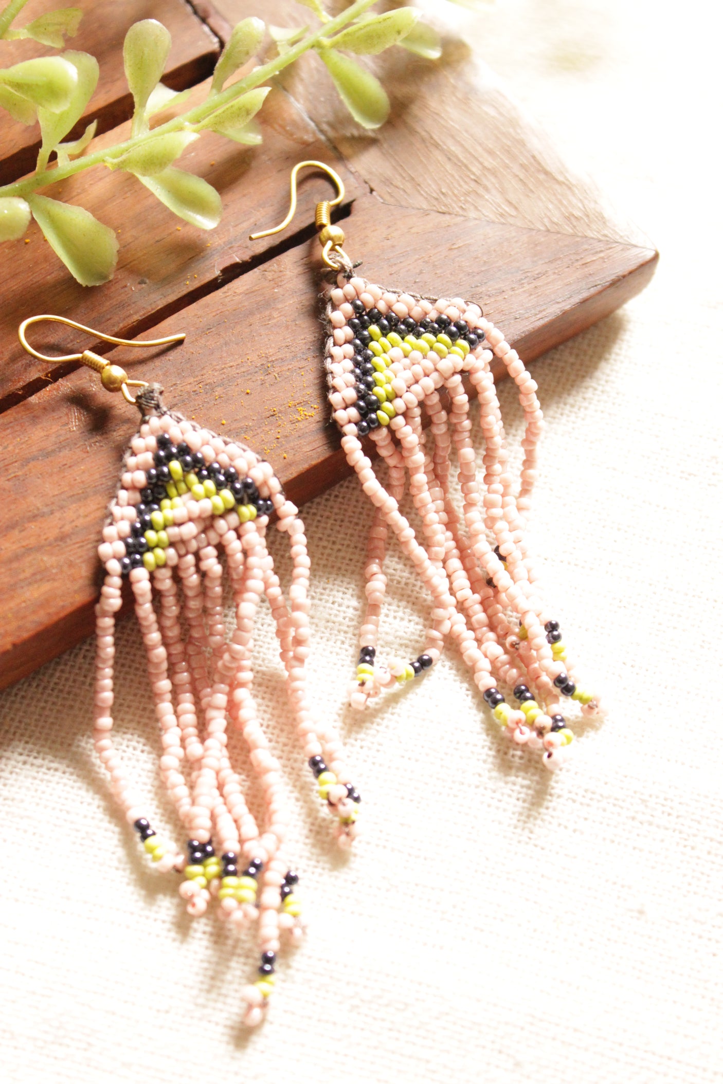 Green and Beige Peacock Motif Handmade Beaded Long Necklace Set