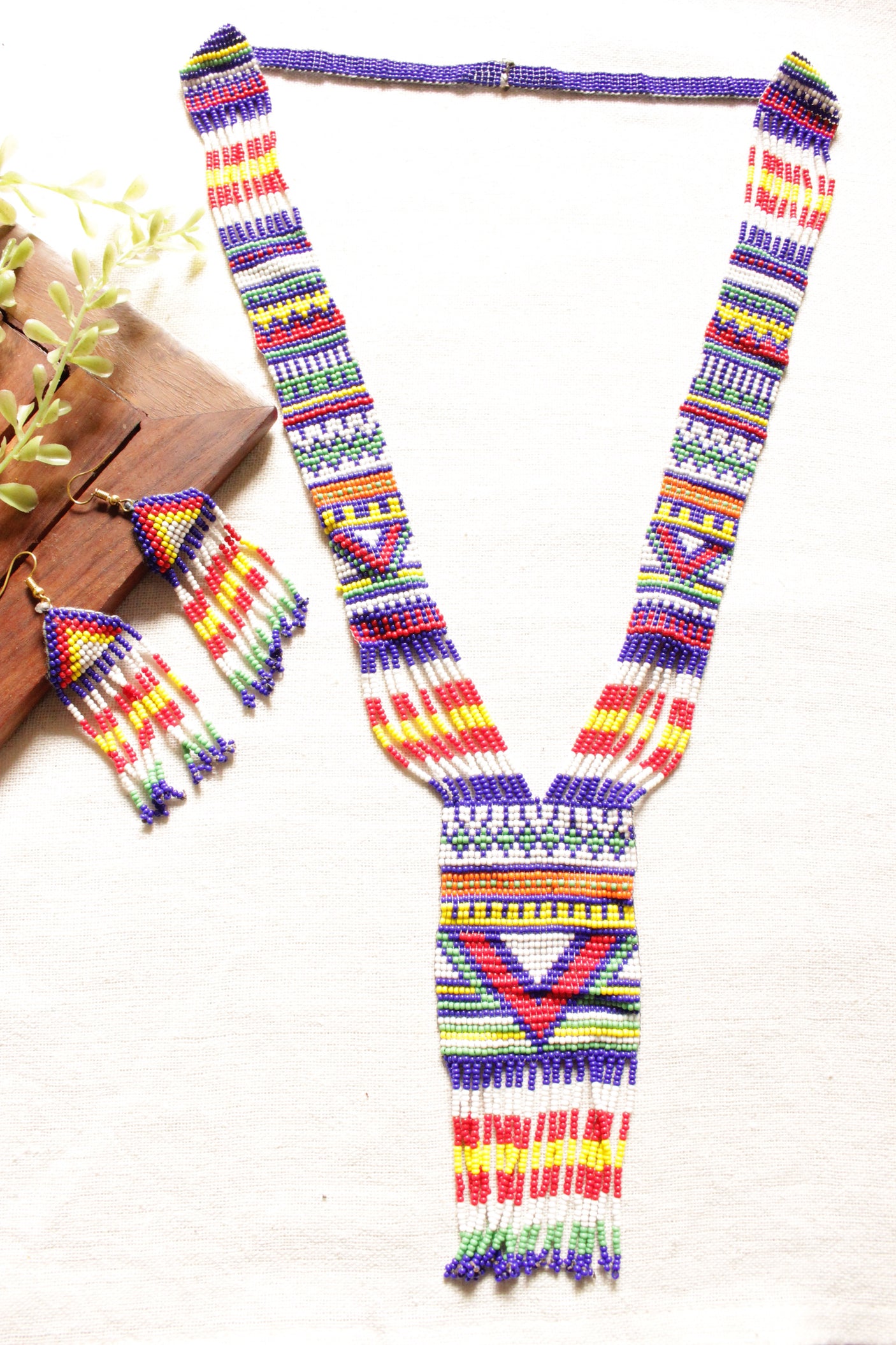 Multi-Color Geometric Motifs Handmade Beaded Long Necklace Set