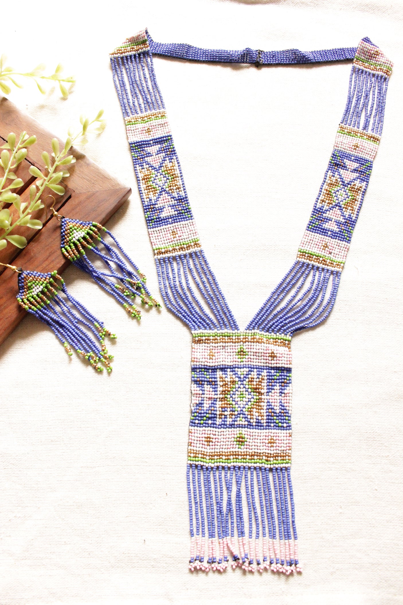 Muted Violet and Pink Handmade Beaded Long Necklace Set