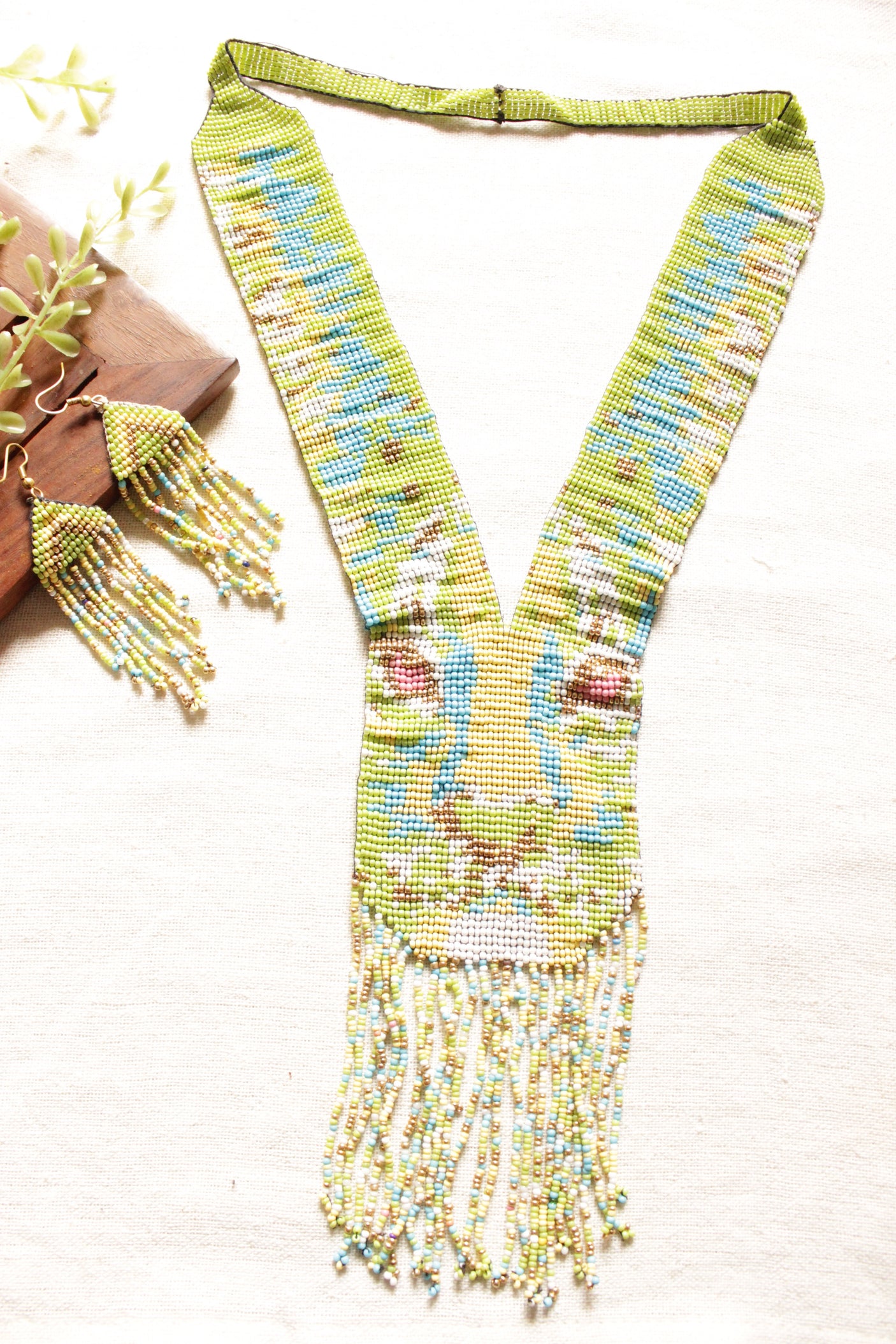 Muted Green and Blue Lion Motif Handmade Beaded Long Necklace Set