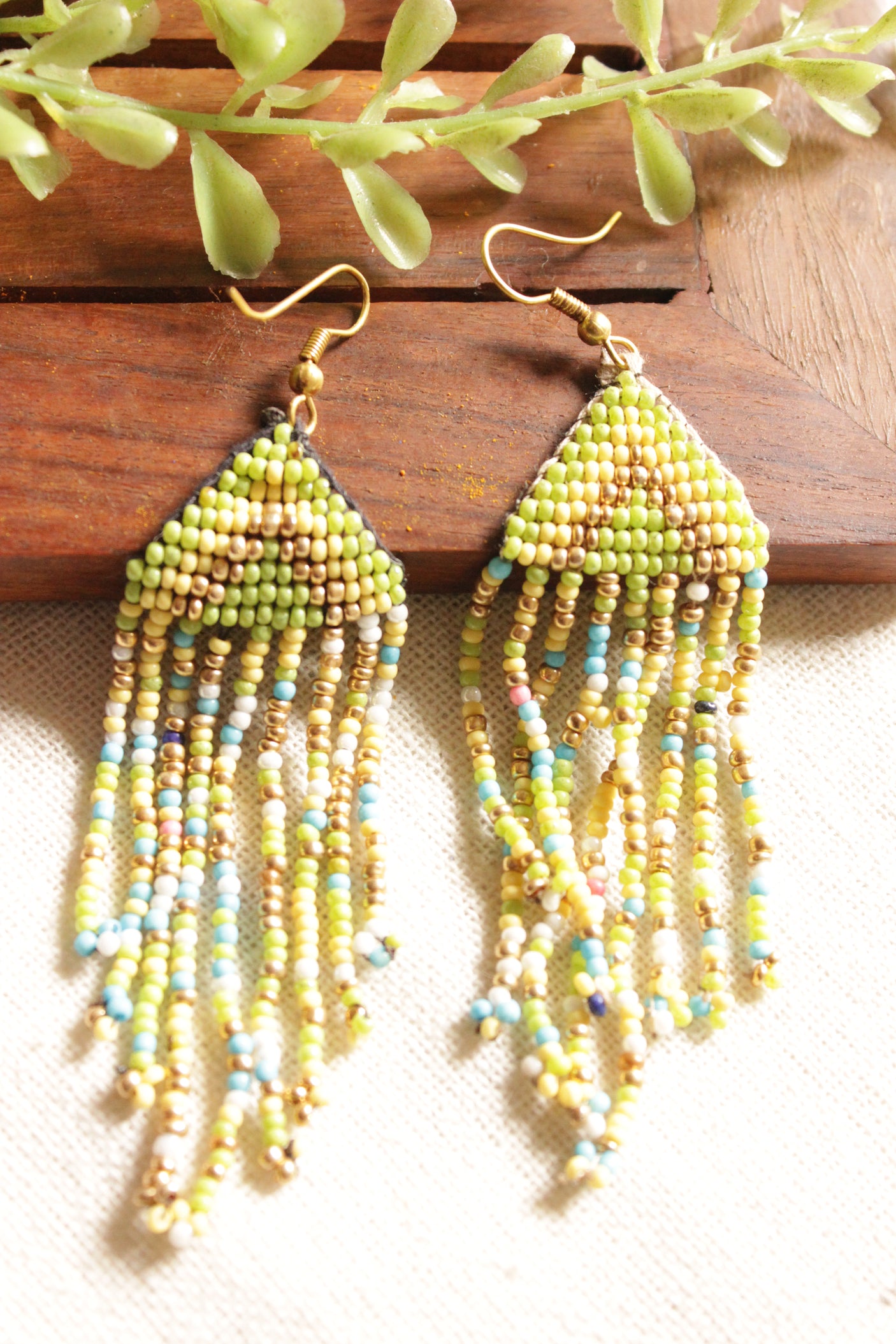 Muted Green and Blue Lion Motif Handmade Beaded Long Necklace Set