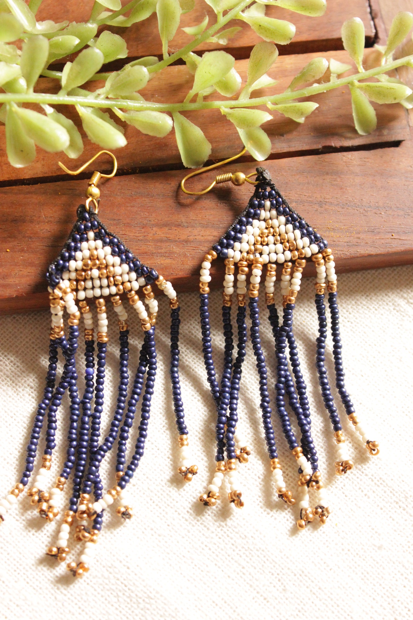 Purple and Muted Blue Geometric Motifs Handmade Beaded Long Necklace Set
