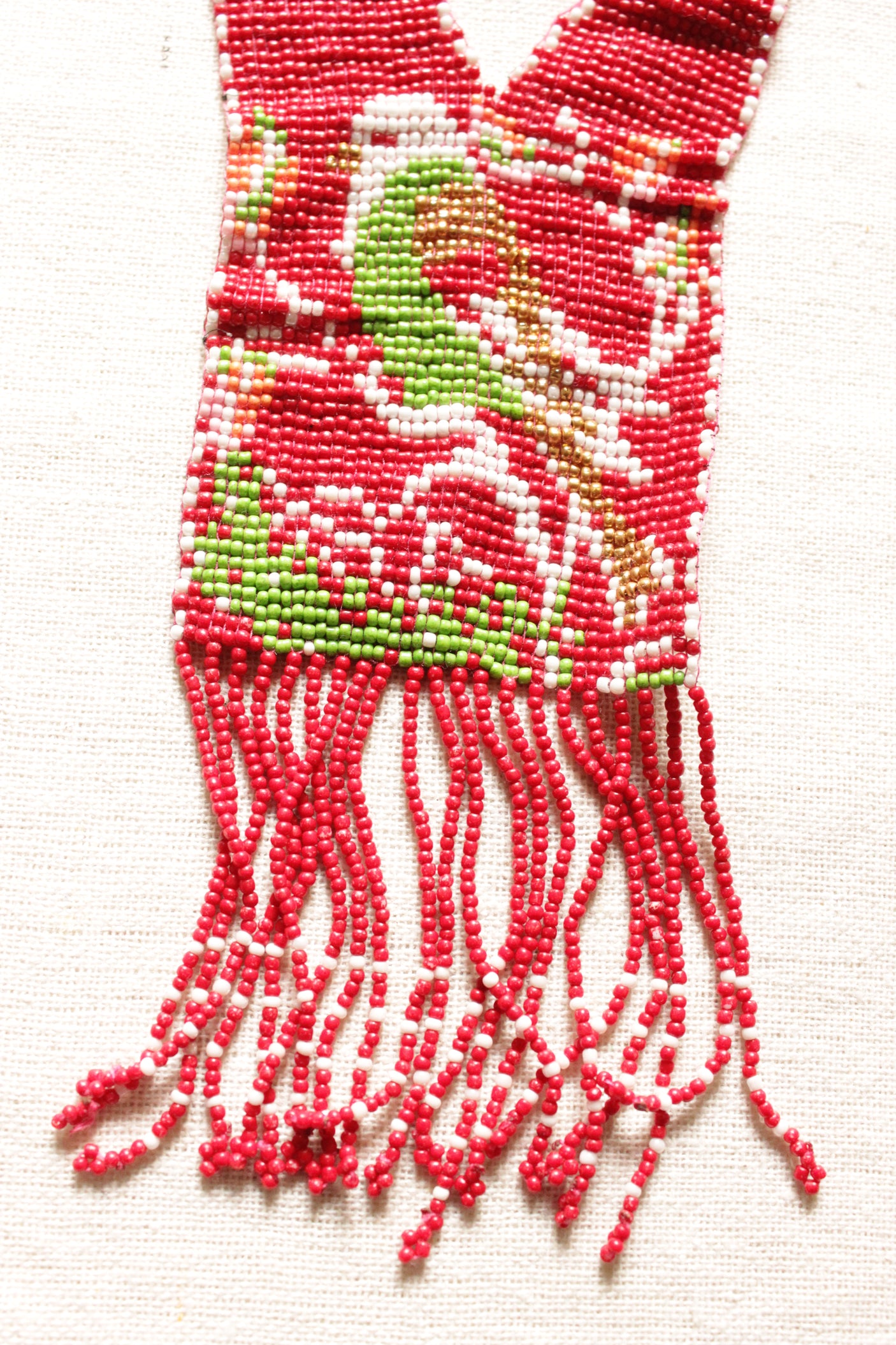 Red and Green Bird Motif Handmade Beaded Long Necklace Set