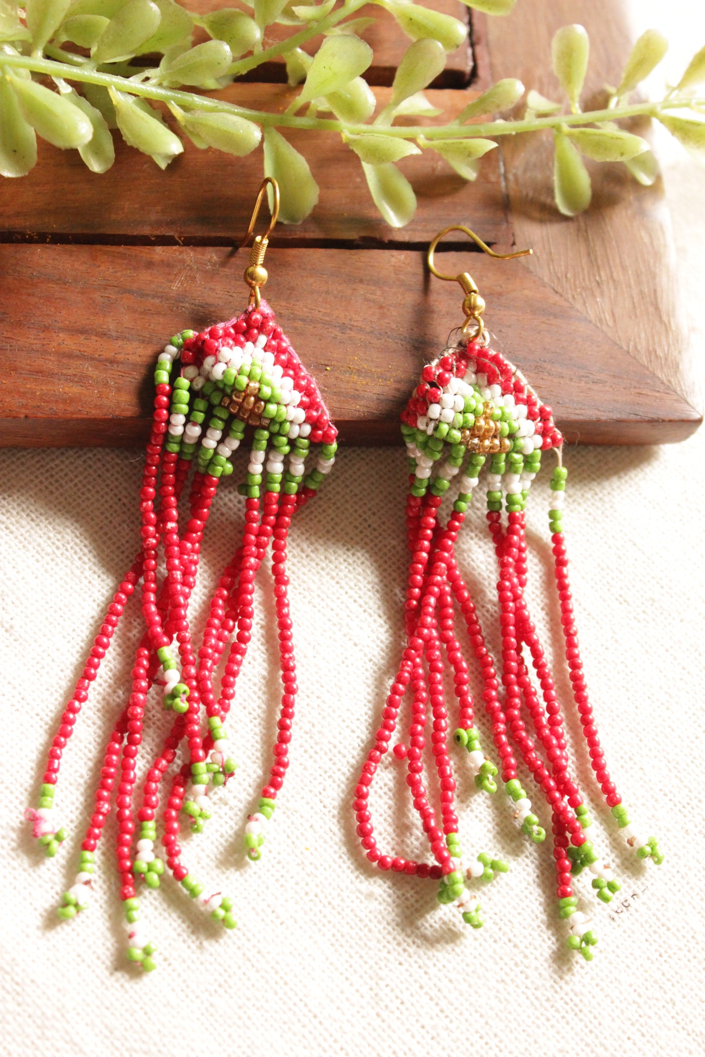 Red and Green Bird Motif Handmade Beaded Long Necklace Set