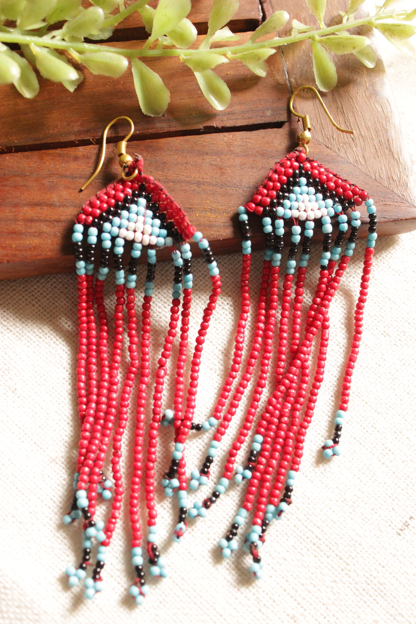 Red and Blue Abstract Motifs Handmade Beaded Long Necklace Set
